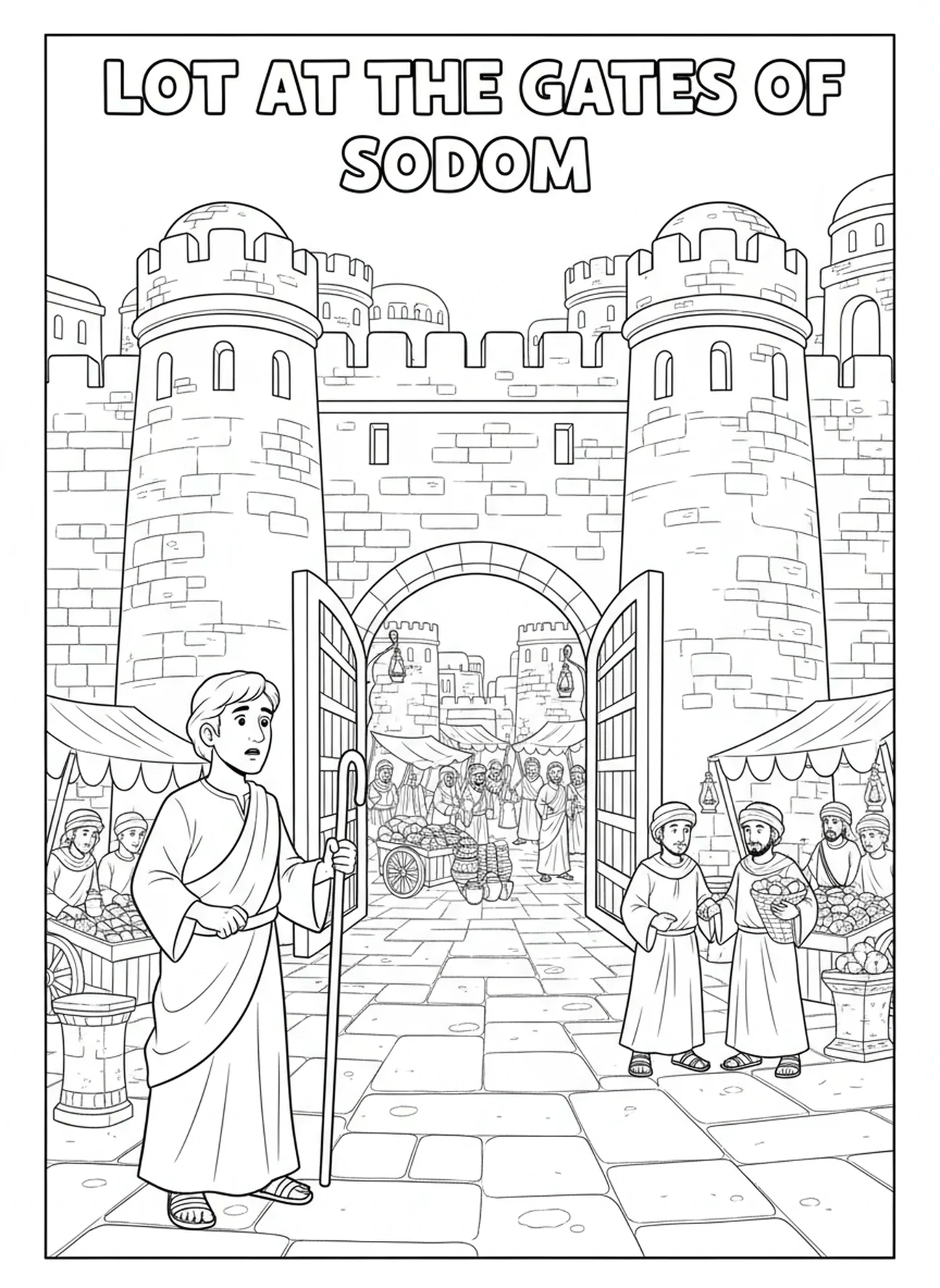 Lot aux portes de Sodome, Abraham et Lot se séparent page à colorier pour les enfants de catéchisme âgés de 5 à 12 ans