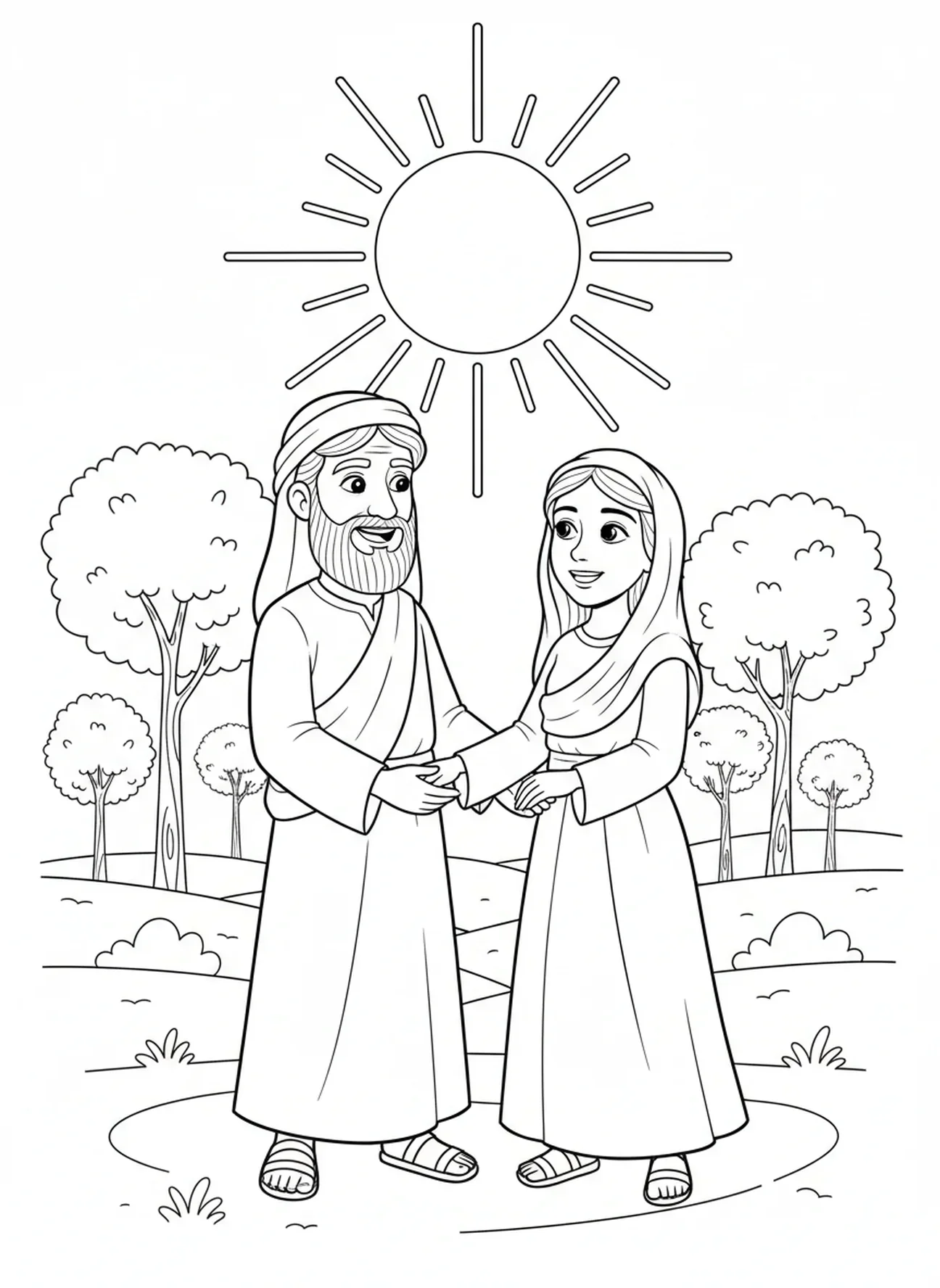 Abraham und Sarah lächeln zusammen, Ausmalbild zur Verheißung der Sterne für Kinder im Alter von 5-10 Jahren.