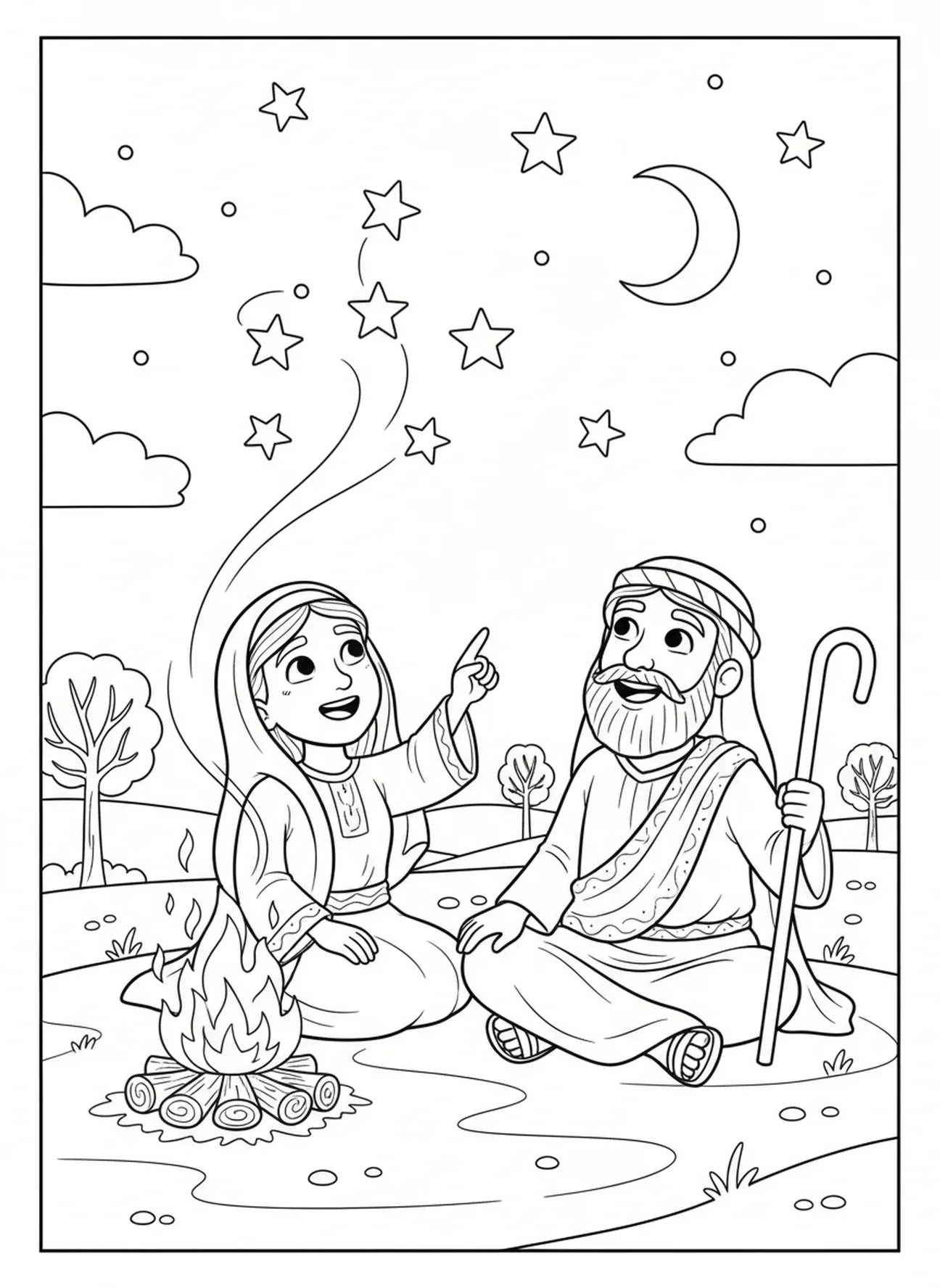 Abraham und Sarah am Lagerfeuer, Ausmalbild zur Verheißung der Sterne für Kinder im Alter von 5-10 Jahren.
