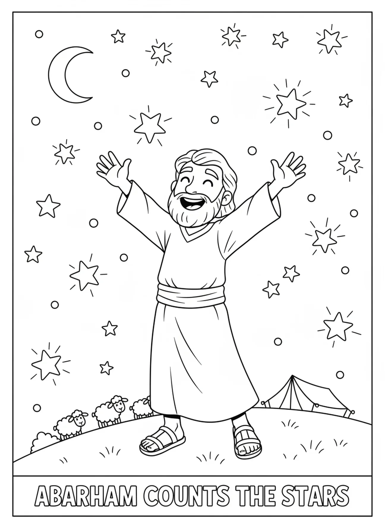 Abraham zählt Sterne am Nachthimmel, Ausmalbild Abraham Versprechen der Sterne für Kinder im Alter von 5-10 Jahren.