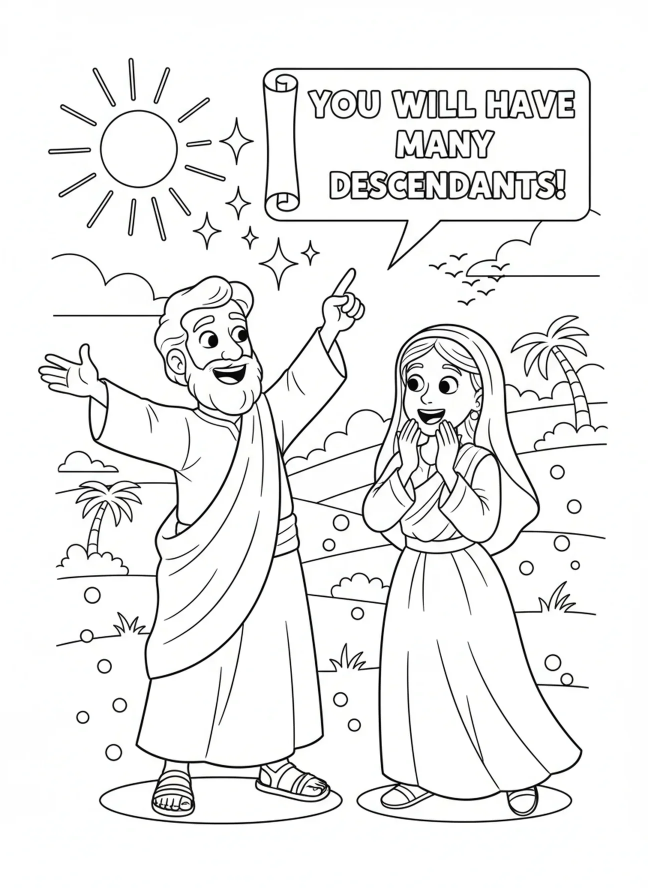 Abraham teilt Gottes Versprechen mit Sarah, Ausmalbild Abraham Versprechen der Sterne für Kinder im Alter von 5-10 Jahren.