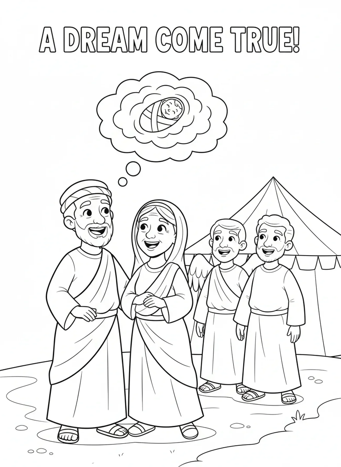 Abraham und Sarah glücklich zusammen, Abraham mit den drei Besuchern Malvorlage für Kinder im Alter von 5-10 Jahren