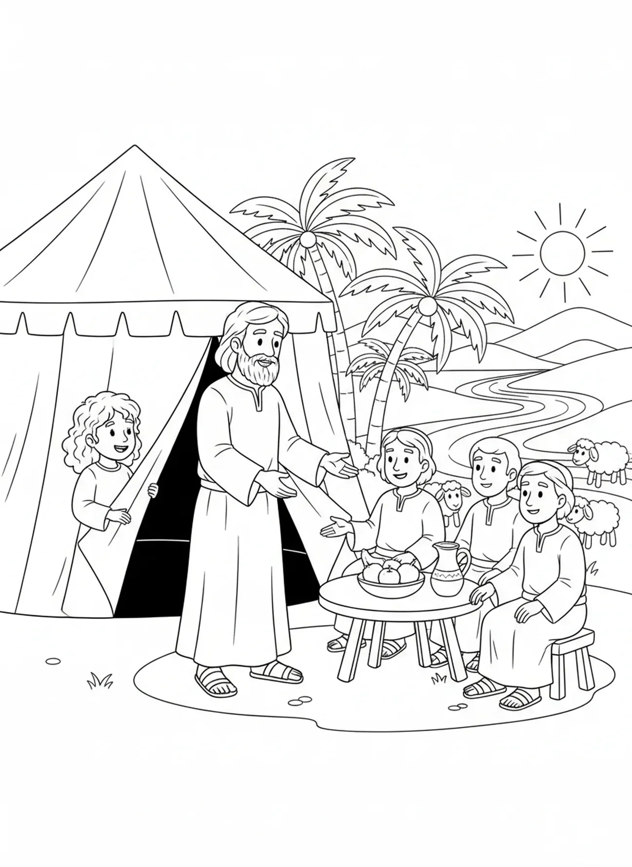 Sarah schaut aus dem Zelt, Abraham und die drei Besucher Malvorlage für Kinder im Alter von 5-10 Jahren