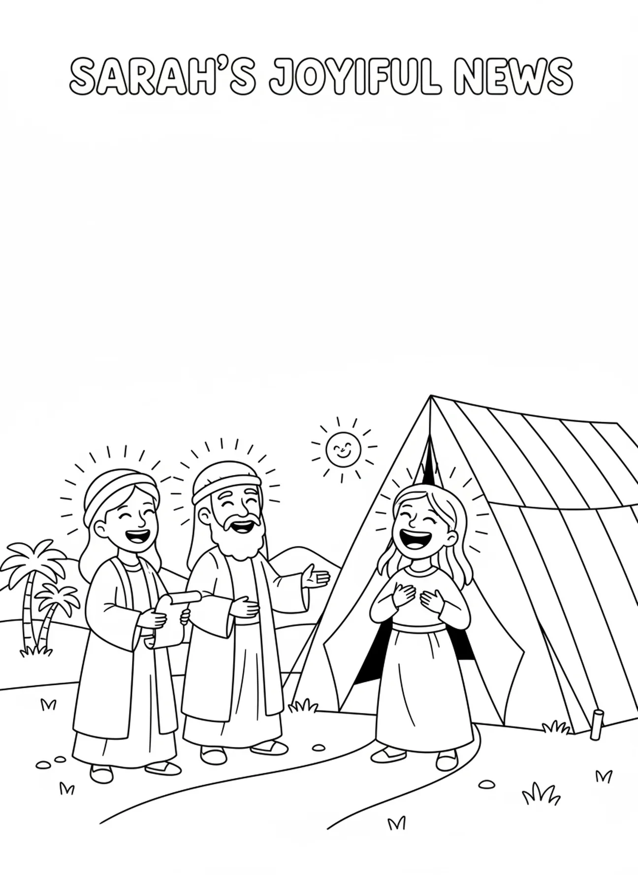 Sarah lacht über das Versprechen, Abraham und die drei Besucher Malvorlage für Kinder im Alter von 5-10 Jahren