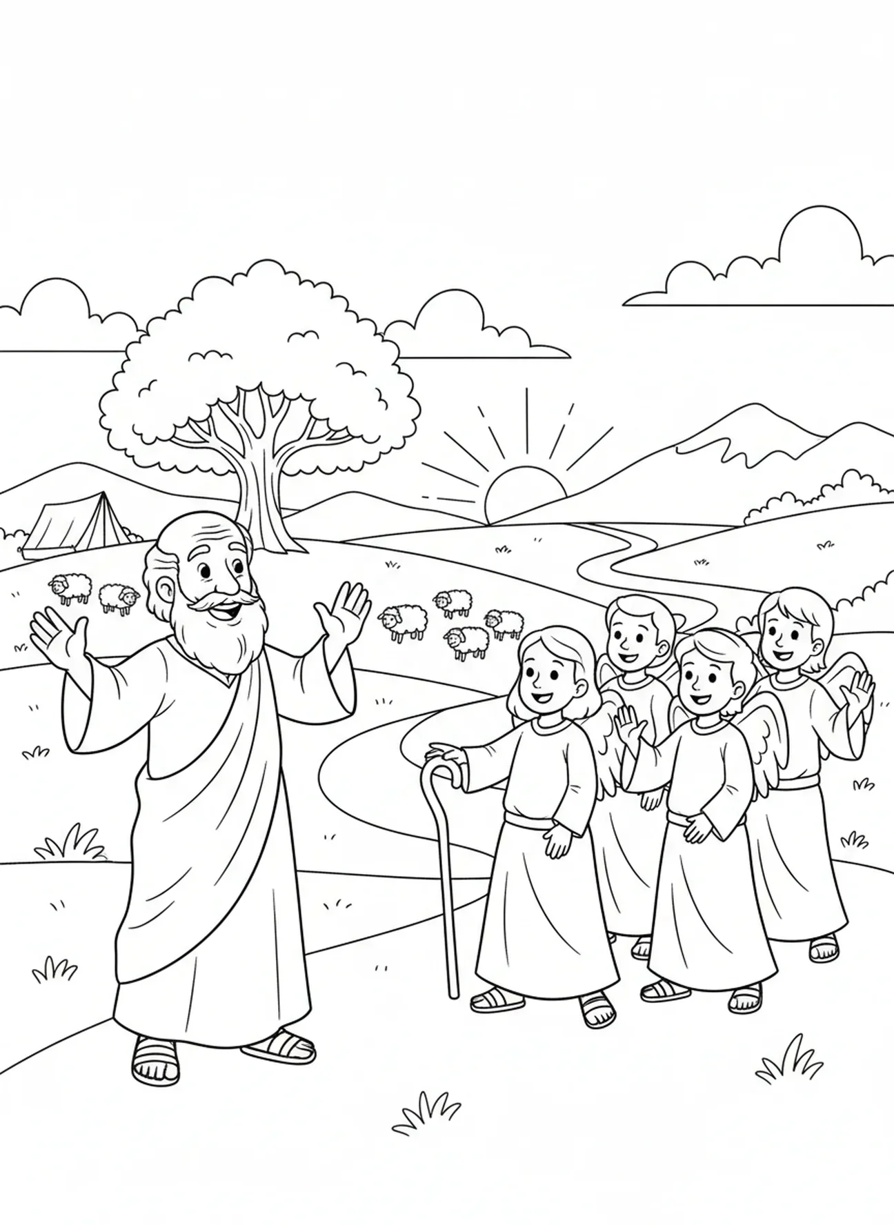 Abraham winkt zum Abschied, Ausmalbild Abraham und die drei Besucher für Kinder im Alter von 5-10 Jahren