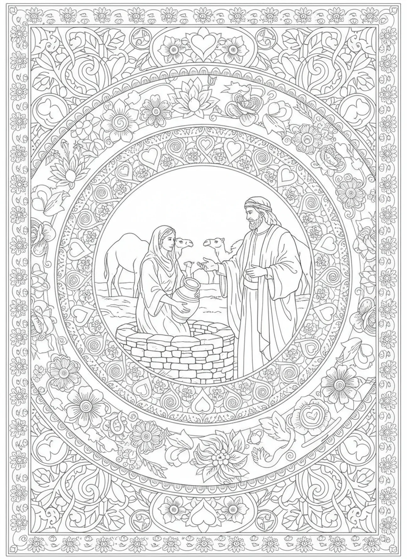 Isaac rencontrant Rébecca près d'un puits, page à colorier pour adultes dans le style de la Bible journaling