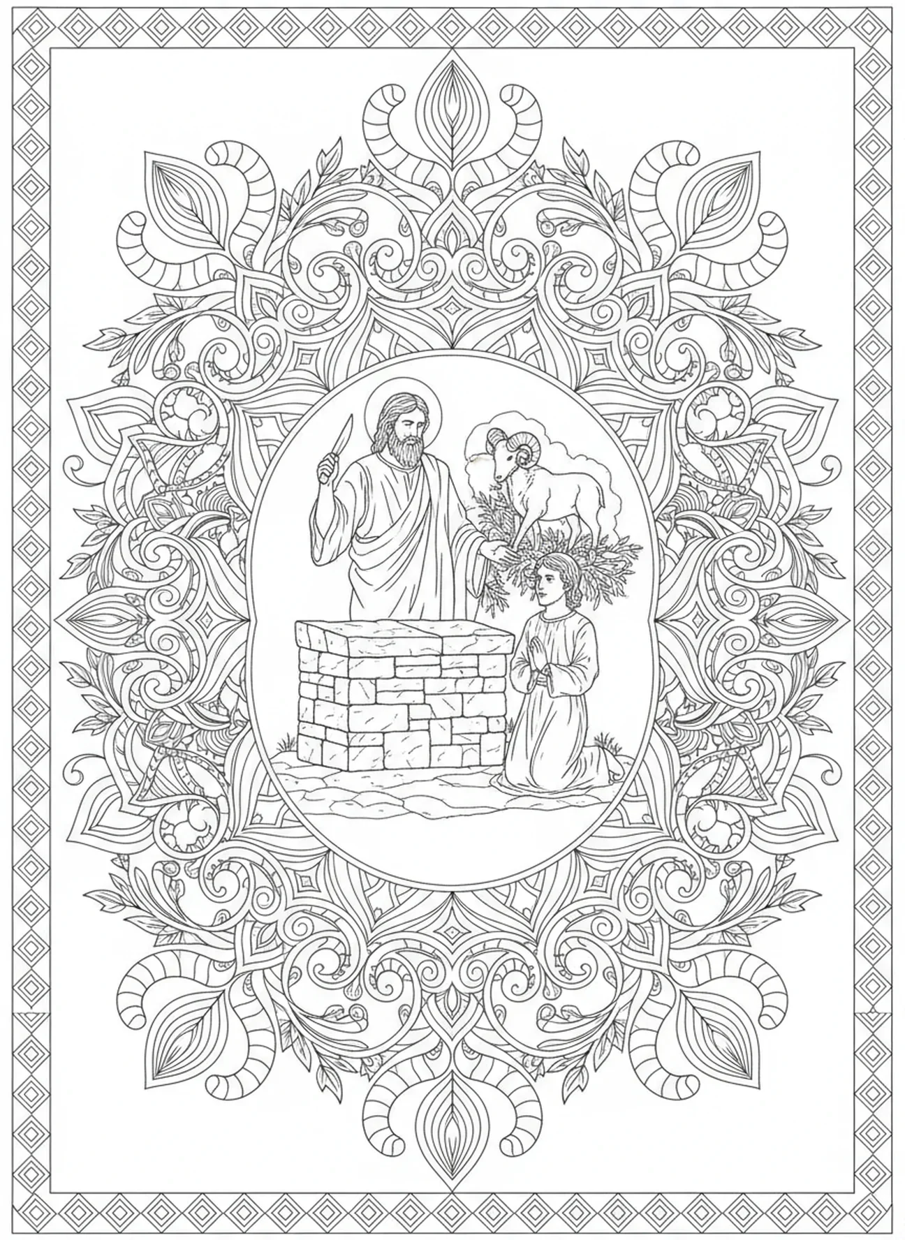 Abraham se préparant à sacrifier Isaac, page à colorier pour adultes dans le style du journal biblique