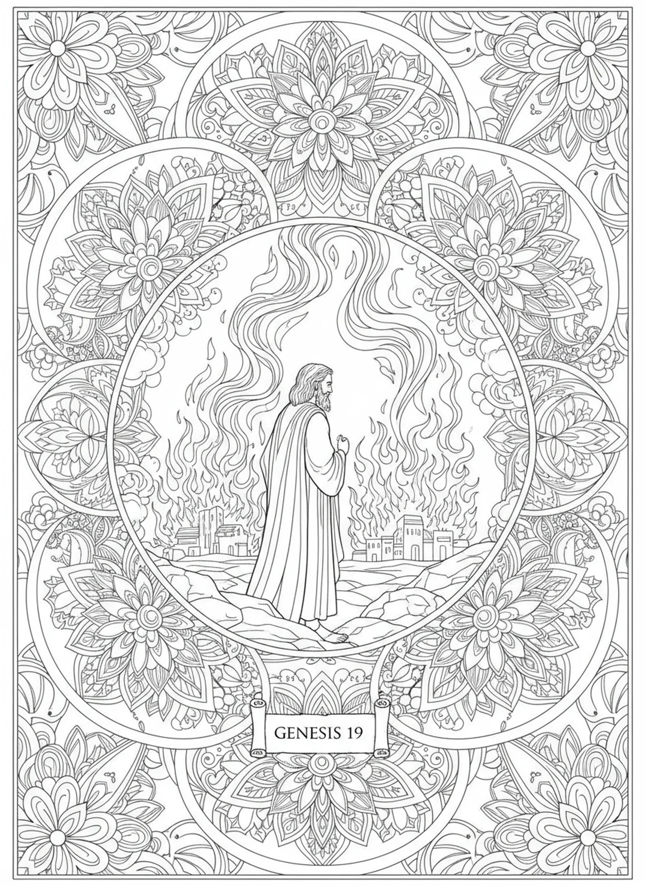 Abraham observant la destruction de Sodome et Gomorrhe, page à colorier pour adultes dans le style du Bible journaling