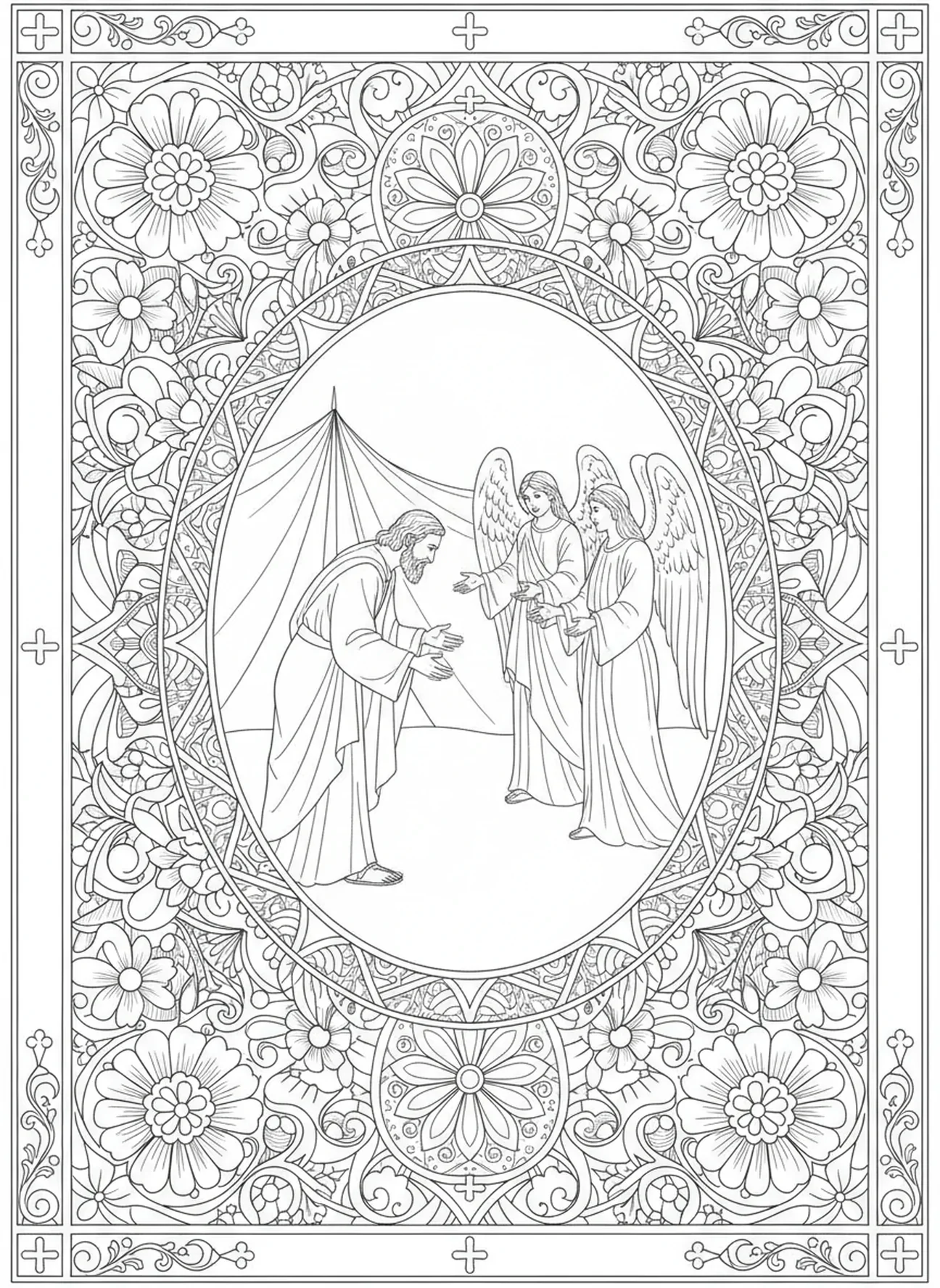 Abraham accueillant trois visiteurs angéliques, page à colorier pour adultes dans le style du journal biblique