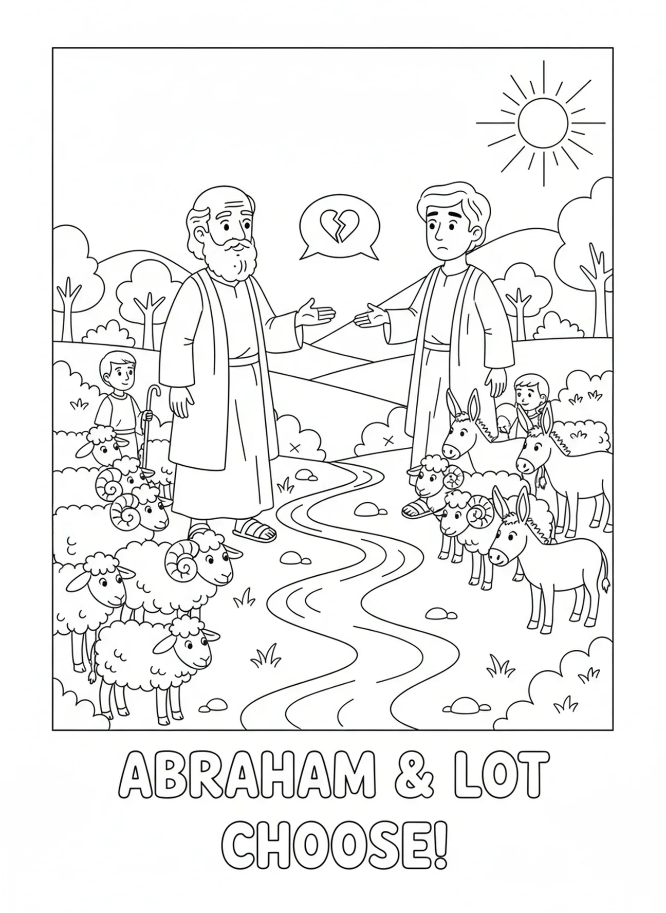 Abraham y Lot discutiendo la separación, página para colorear de Abraham para niños de 5 a 10 años