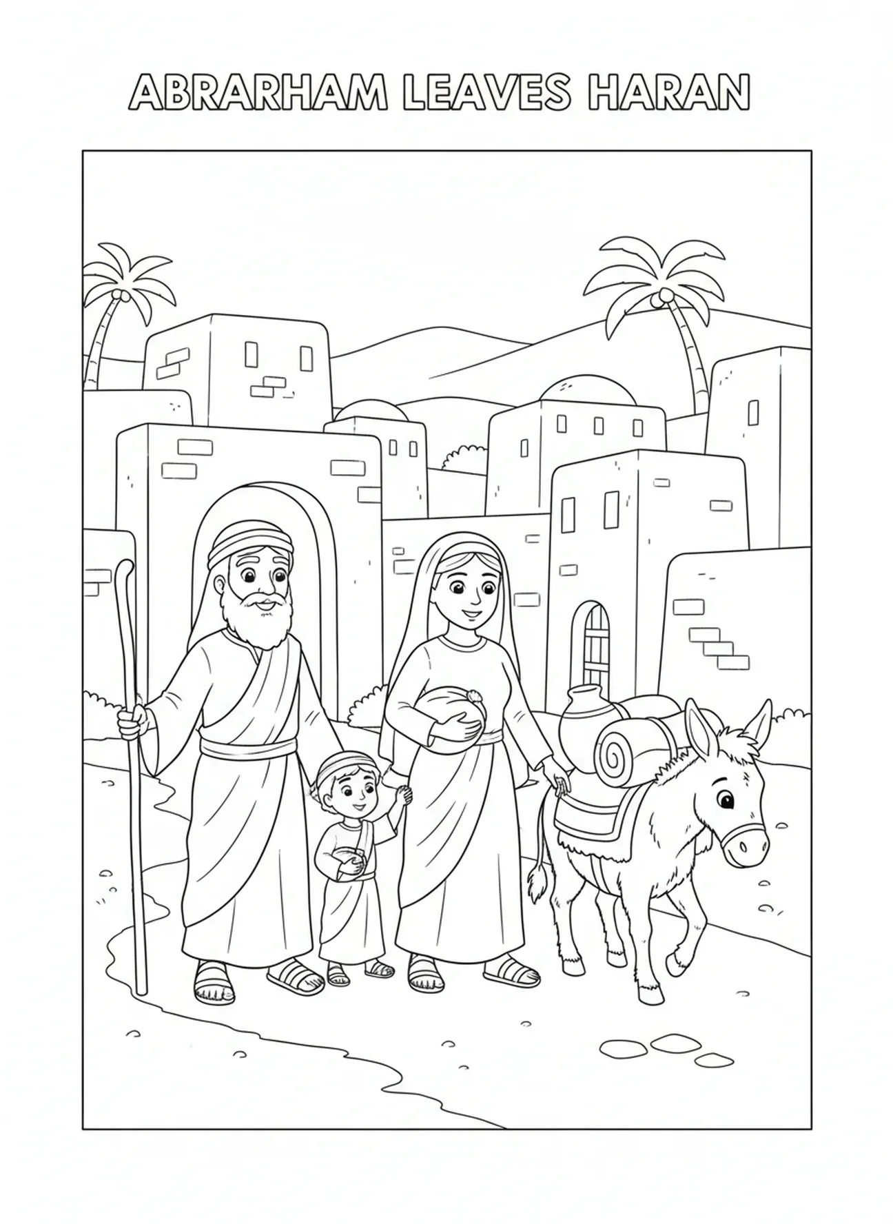 Abraham caminando con su familia, página para colorear de Abraham para niños de 5 a 10 años