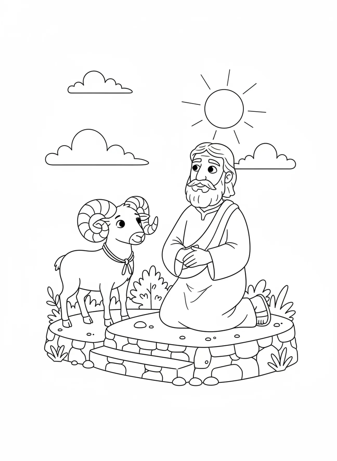 Abraham preparando un sacrificio de carnero, página para colorear de Abraham para niños de 5 a 10 años