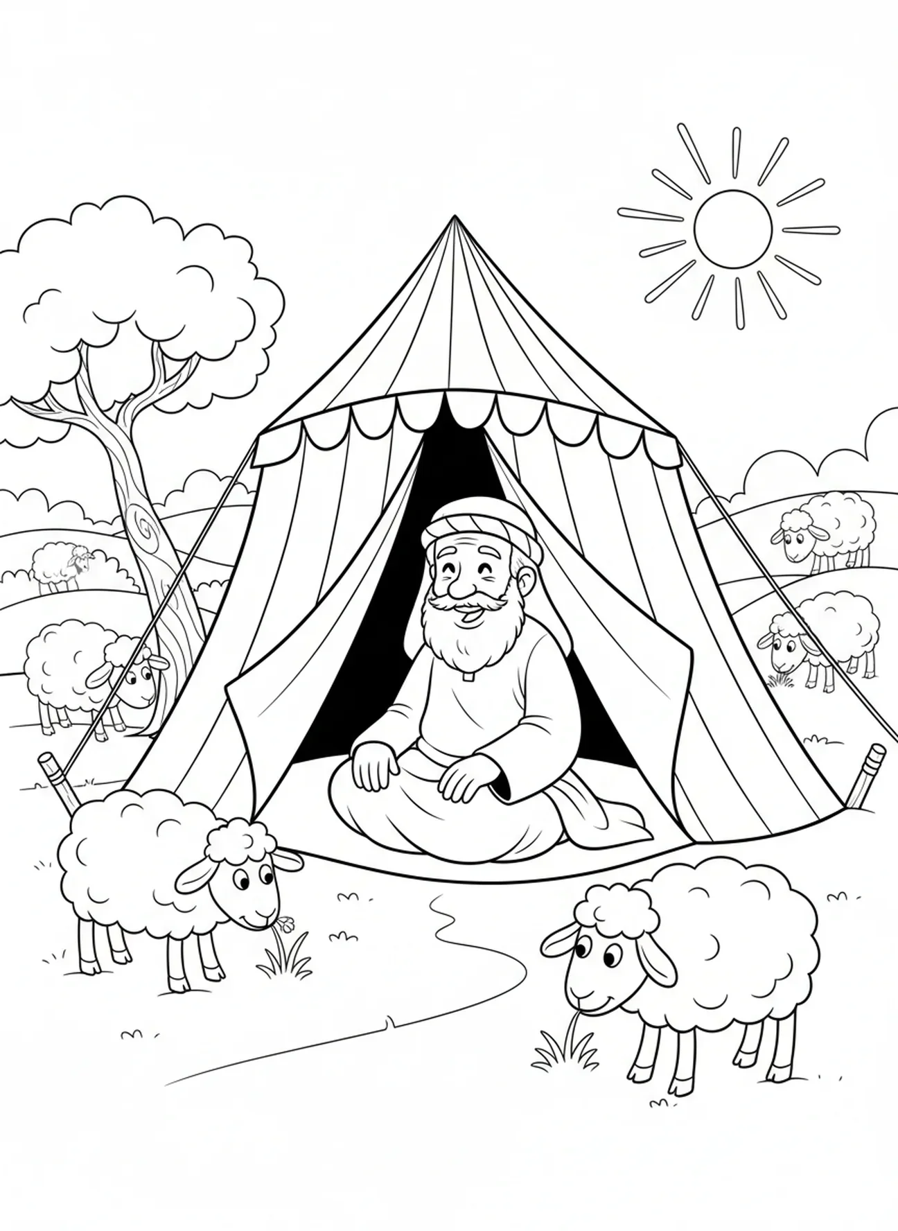Abraham assis dans sa tente, page à colorier de la Tente d'Abraham pour les enfants de 5 à 10 ans.