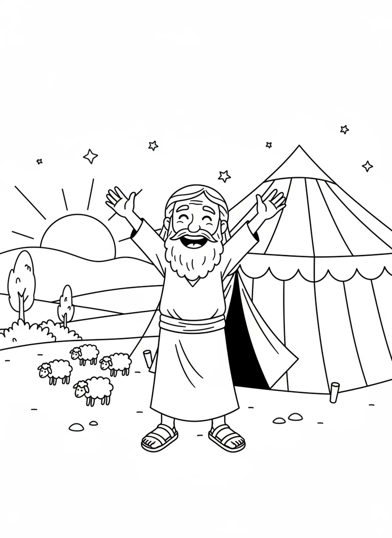 Abraham célébrant avec joie devant la tente, page à colorier sur la tente d'Abraham pour les enfants de 5 à 10 ans.