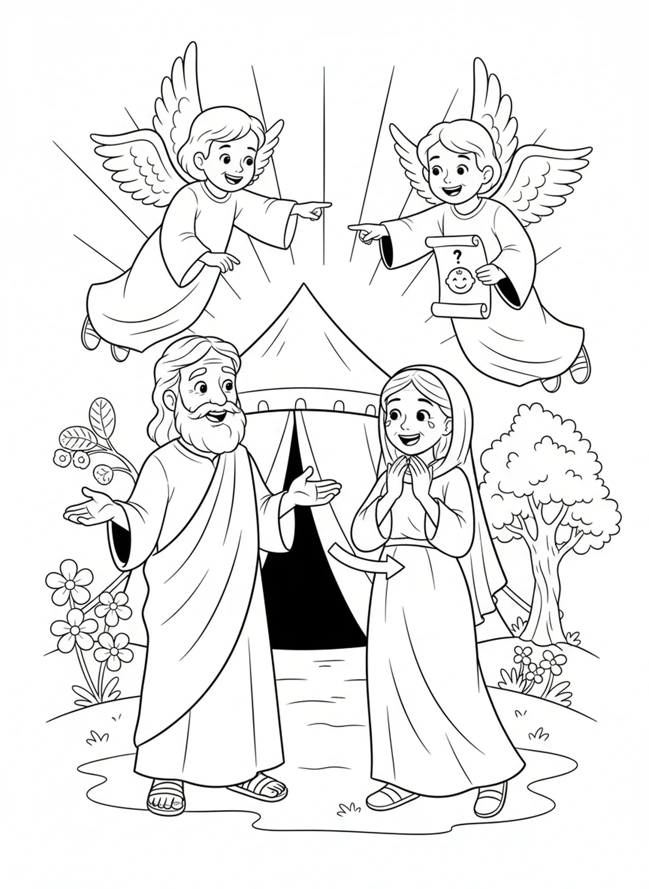 Des anges annoncent un fils à Abraham et Sarah, page à colorier de la tente d'Abraham pour les enfants de 5 à 10 ans.