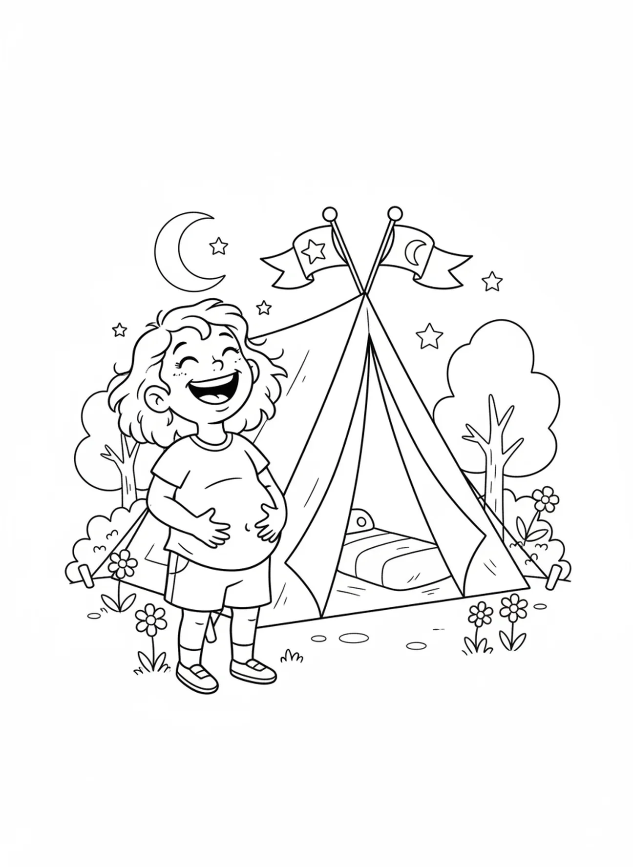 Sarah riant joyeusement à la promesse, page à colorier sur la tente d'Abraham pour les enfants de 5 à 10 ans.