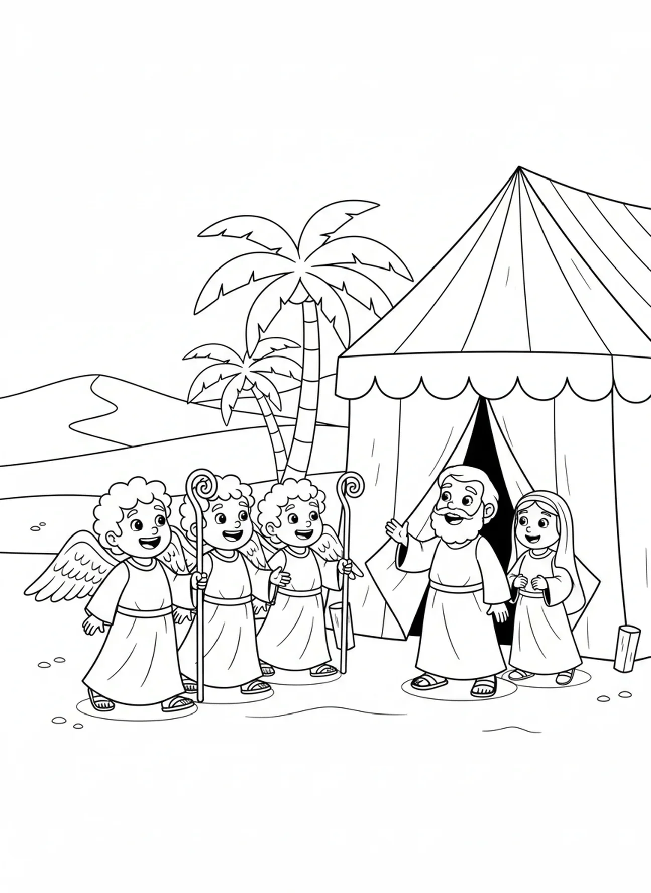 Trois anges visitent Abraham et Sarah, page à colorier sur la tente d'Abraham pour les enfants de 5 à 10 ans.