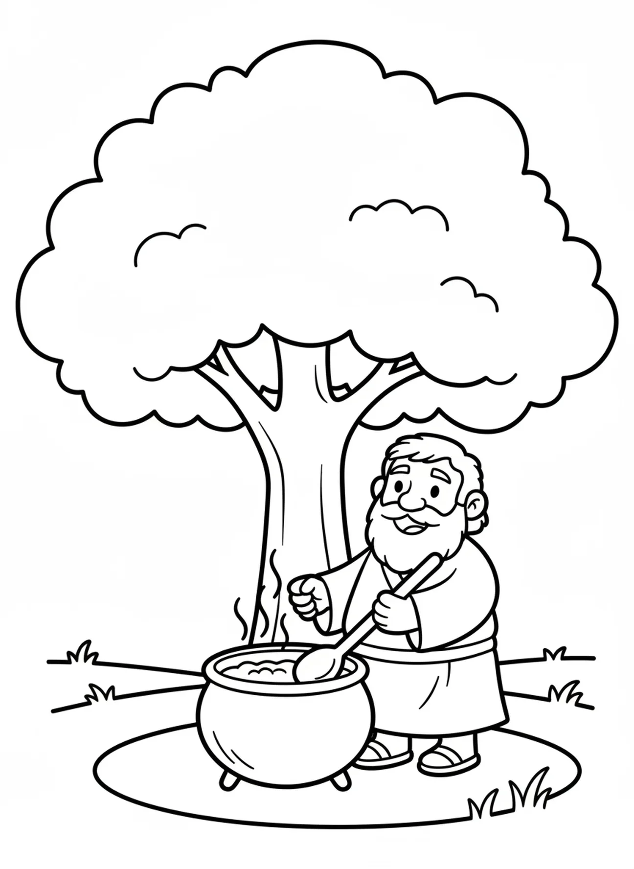Abraham cuisinant à côté d'un grand pot, page à colorier sur la tente d'Abraham pour les enfants d'âge préscolaire de 3 à 5 ans