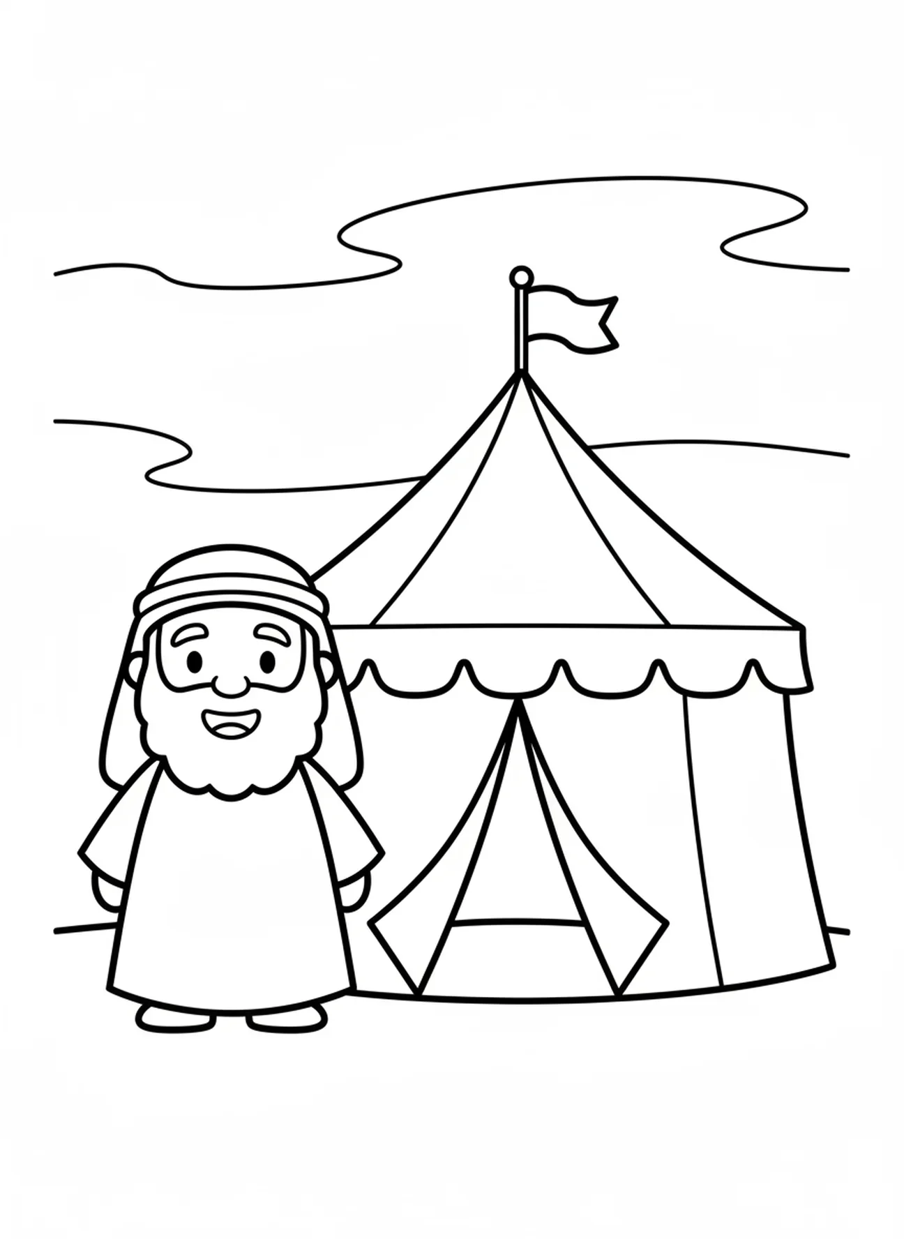 Abraham souriant, page à colorier de la tente d'Abraham pour les enfants d'âge préscolaire de 3 à 5 ans