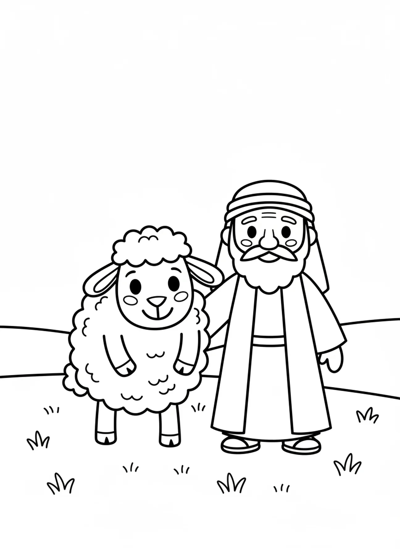 Mouton souriant à côté d'Abraham, page à colorier de la tente d'Abraham pour les enfants d'âge préscolaire de 3 à 5 ans