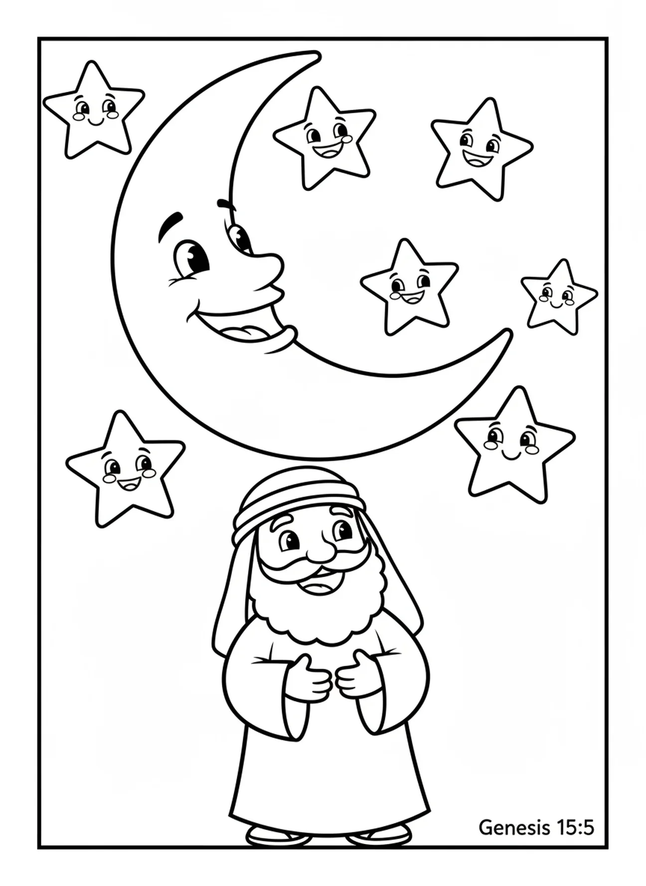 Abraham regardant une grande lune, page à colorier de la tente d'Abraham pour les préscolaires de 3 à 5 ans