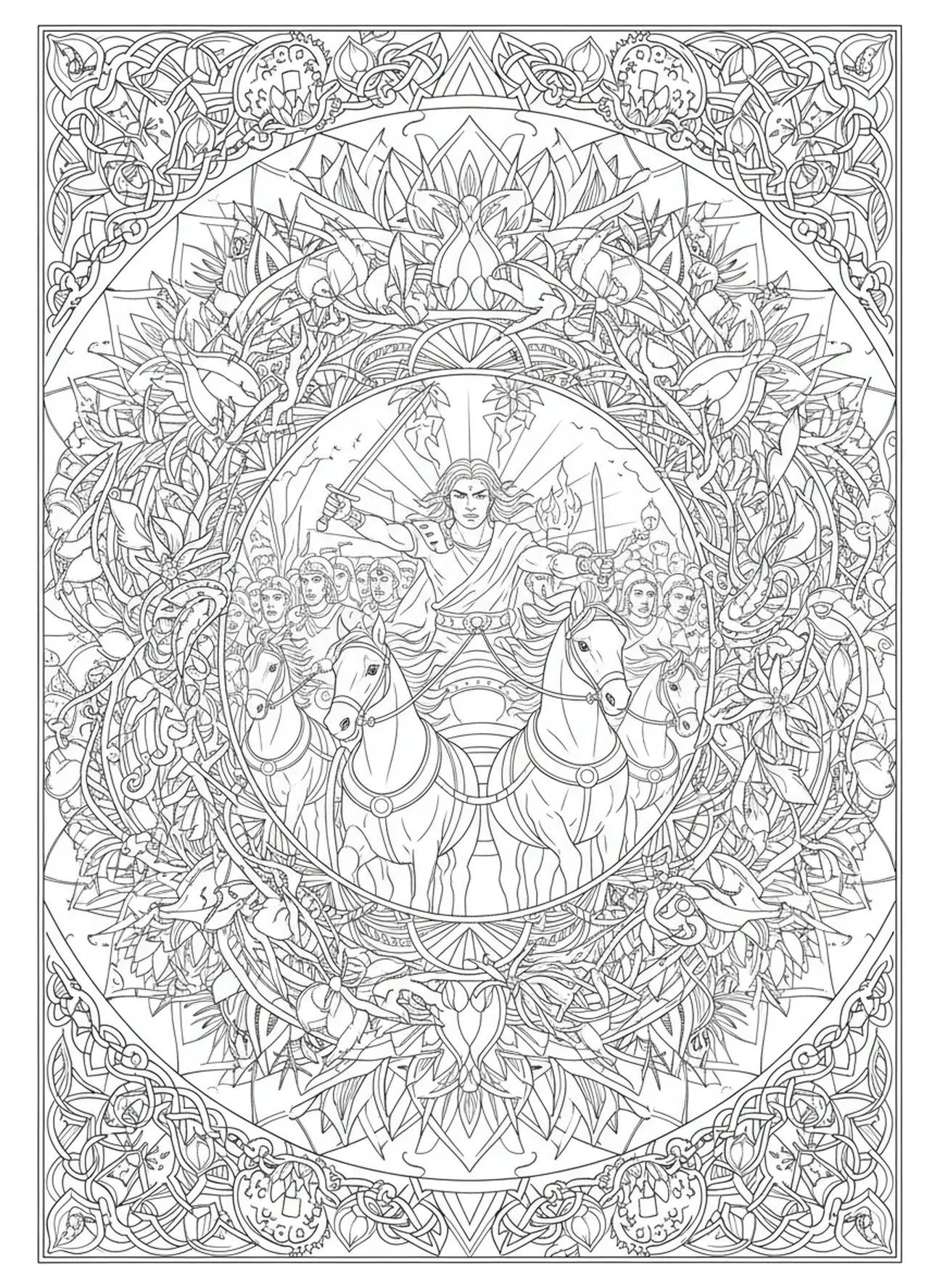 Absalão em carruagem, página de colorir Absalão para adultos no estilo de journaling bíblico