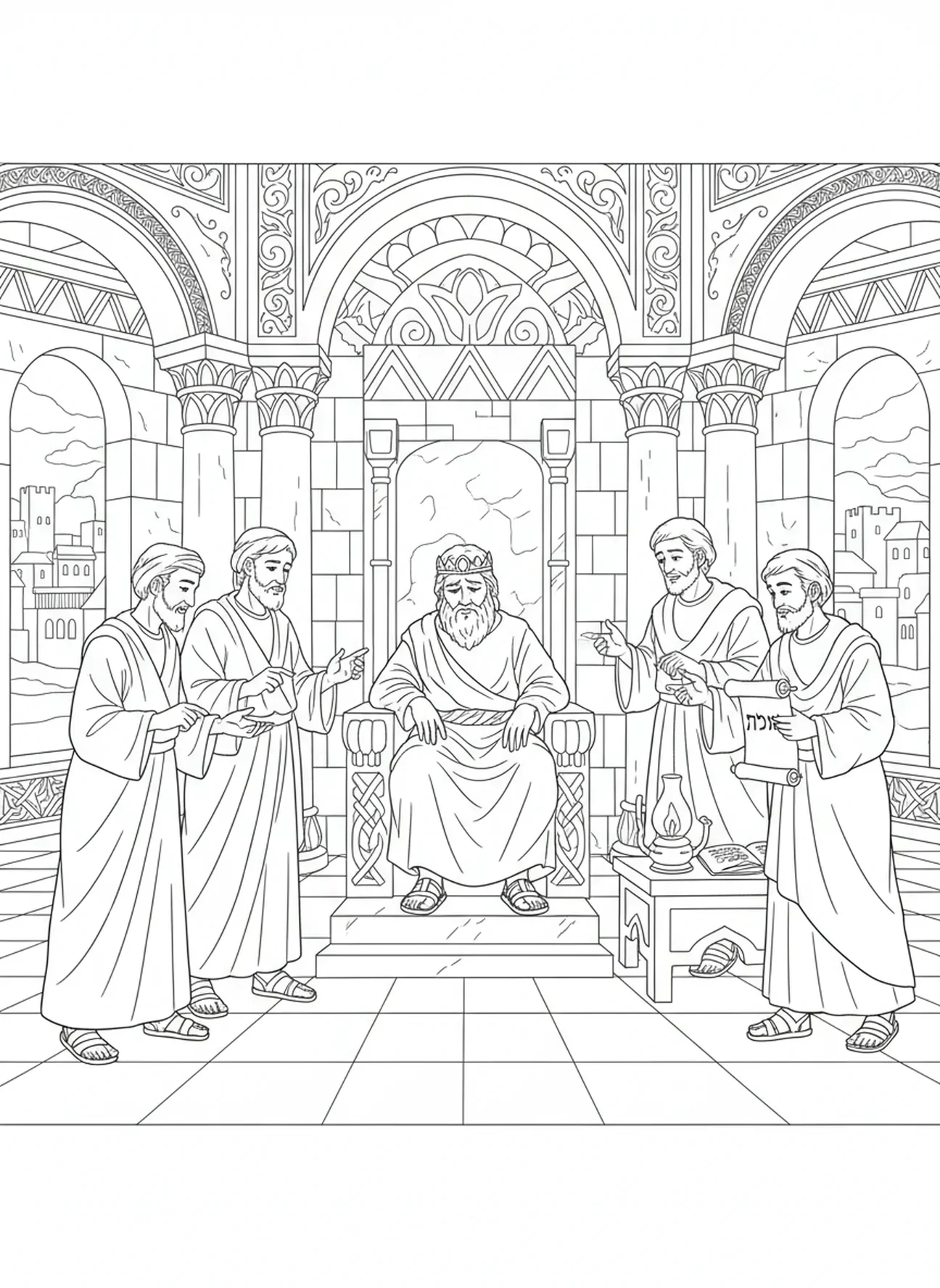 König David auf dem Thron, traurig blickend, Absalom Ausmalbild für Sonntagsschulkinder im Alter von 5-12 Jahren.