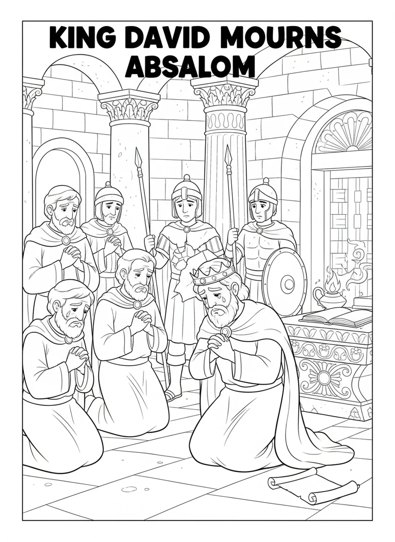 König David trauert um Absalom, Ausmalbild für die Sonntagsschule für Kinder im Alter von 5-12 Jahren.