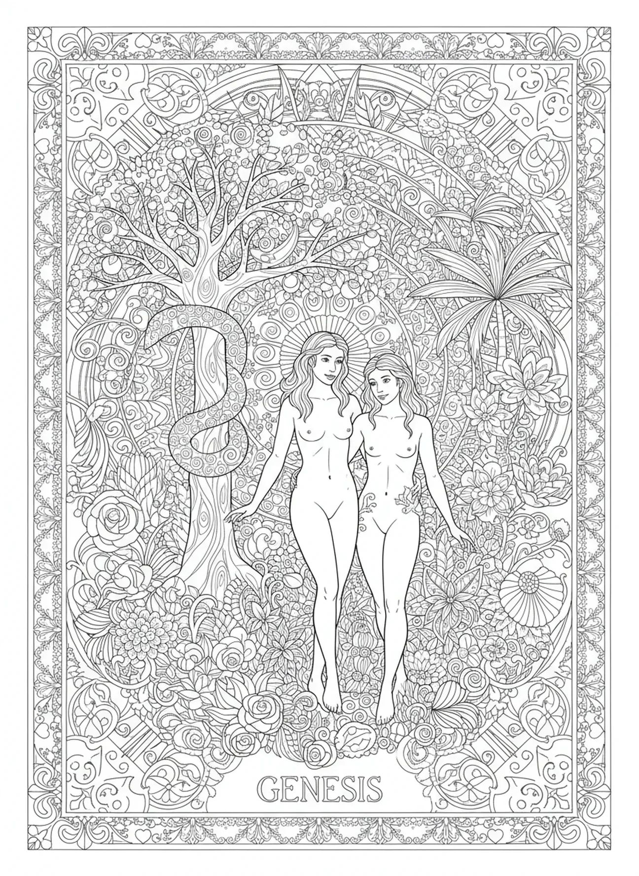 Adán y Eva en el Jardín, página para colorear de la expulsión de Adán y Eva del Jardín en estilo de journaling bíblico para adultos.