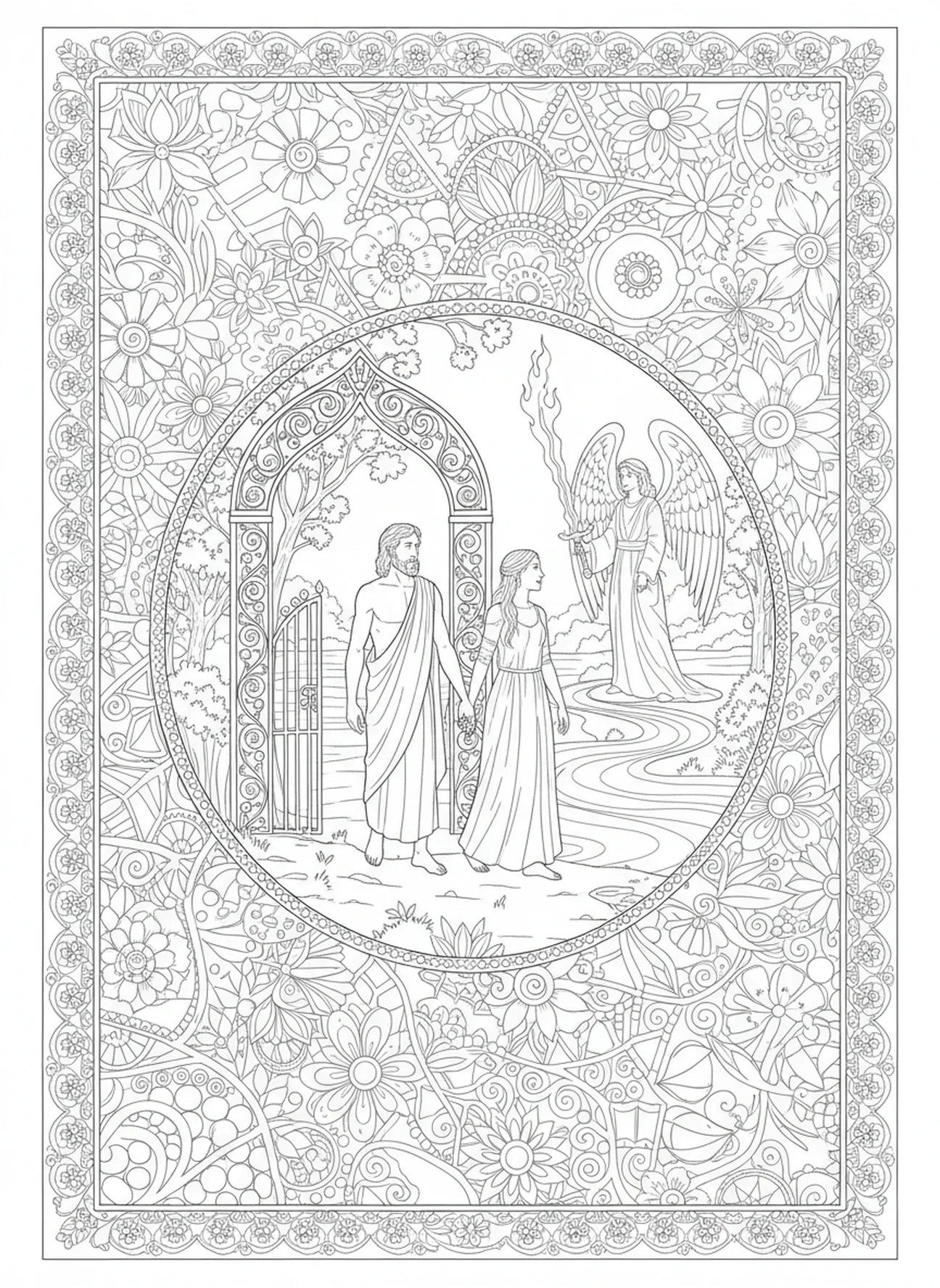Adán y Eva saliendo del Jardín del Edén, página para colorear sobre la expulsión de Adán y Eva en estilo de journaling bíblico para adultos.