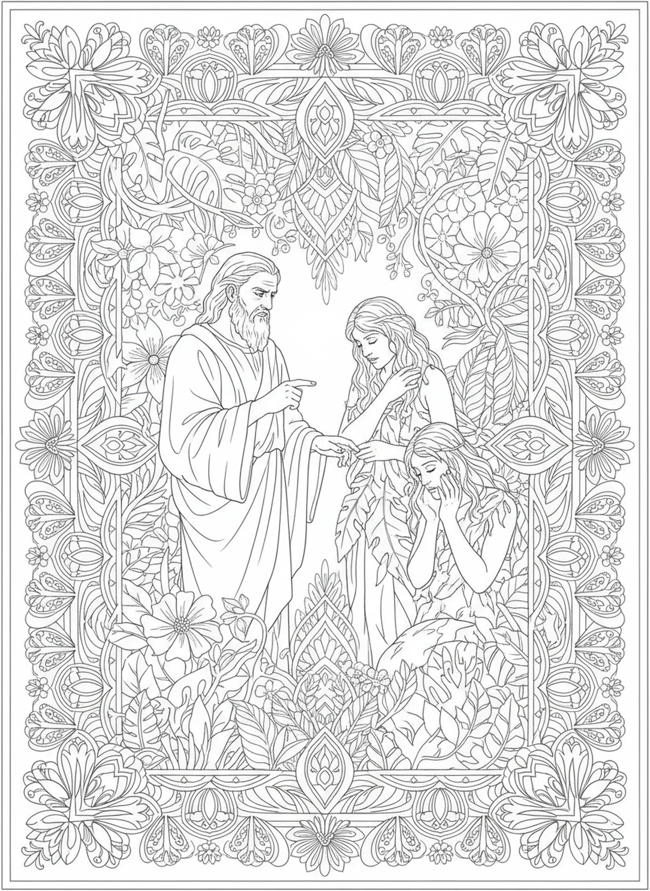 Dios transmitiendo juicio a Adán y Eva, página para colorear de la expulsión de Adán y Eva del Jardín en estilo de journaling bíblico para adultos.