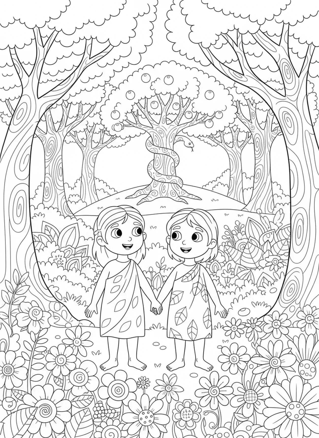 Adam et Ève, page à colorier sur l'expulsion d'Adam et Ève du jardin pour les enfants de 5 à 10 ans.