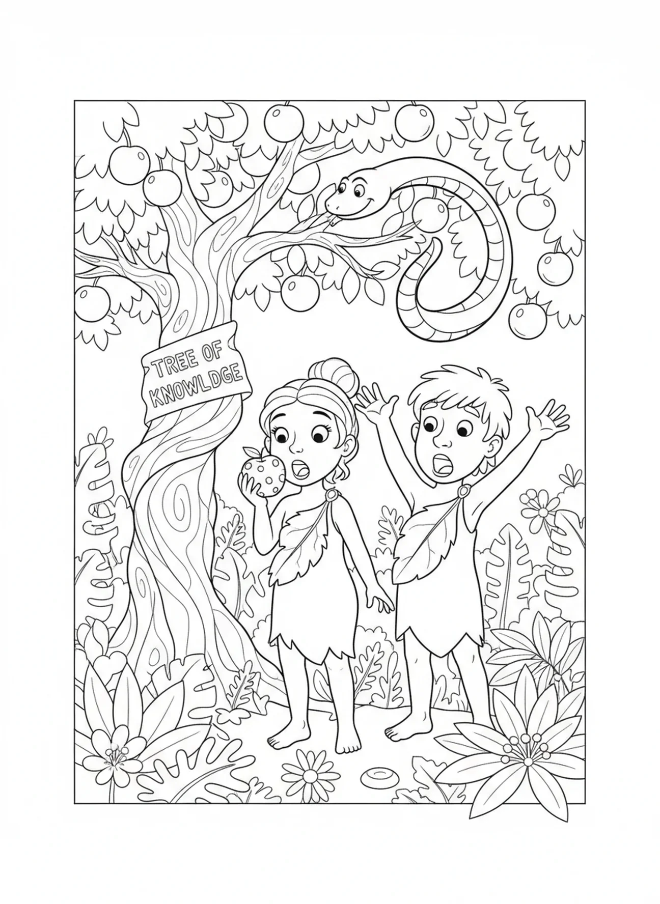 Ève mordant le fruit, page à colorier sur l'expulsion d'Adam et Ève du jardin pour les enfants de 5 à 10 ans.