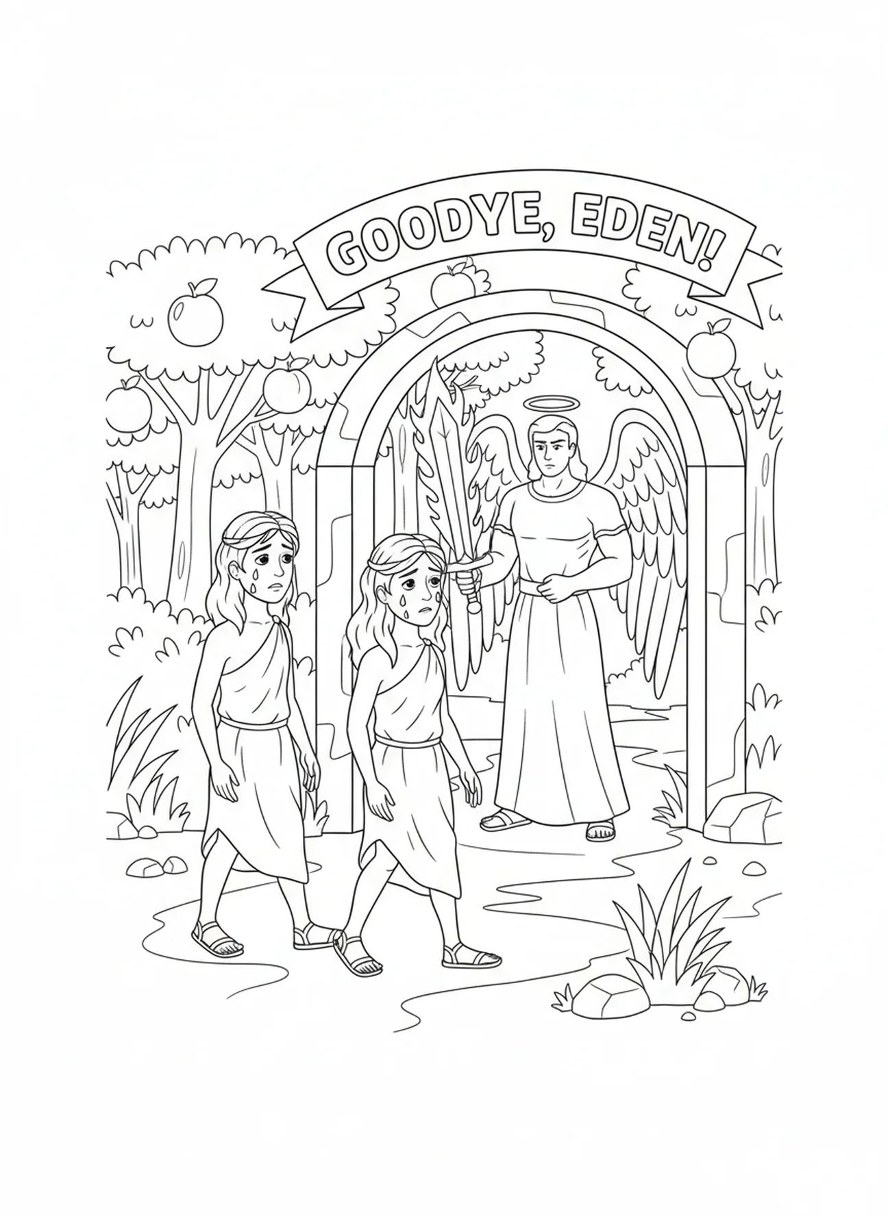 Ange gardant la sortie du jardin, page à colorier sur l'expulsion d'Adam et Ève pour les enfants de 5 à 10 ans.