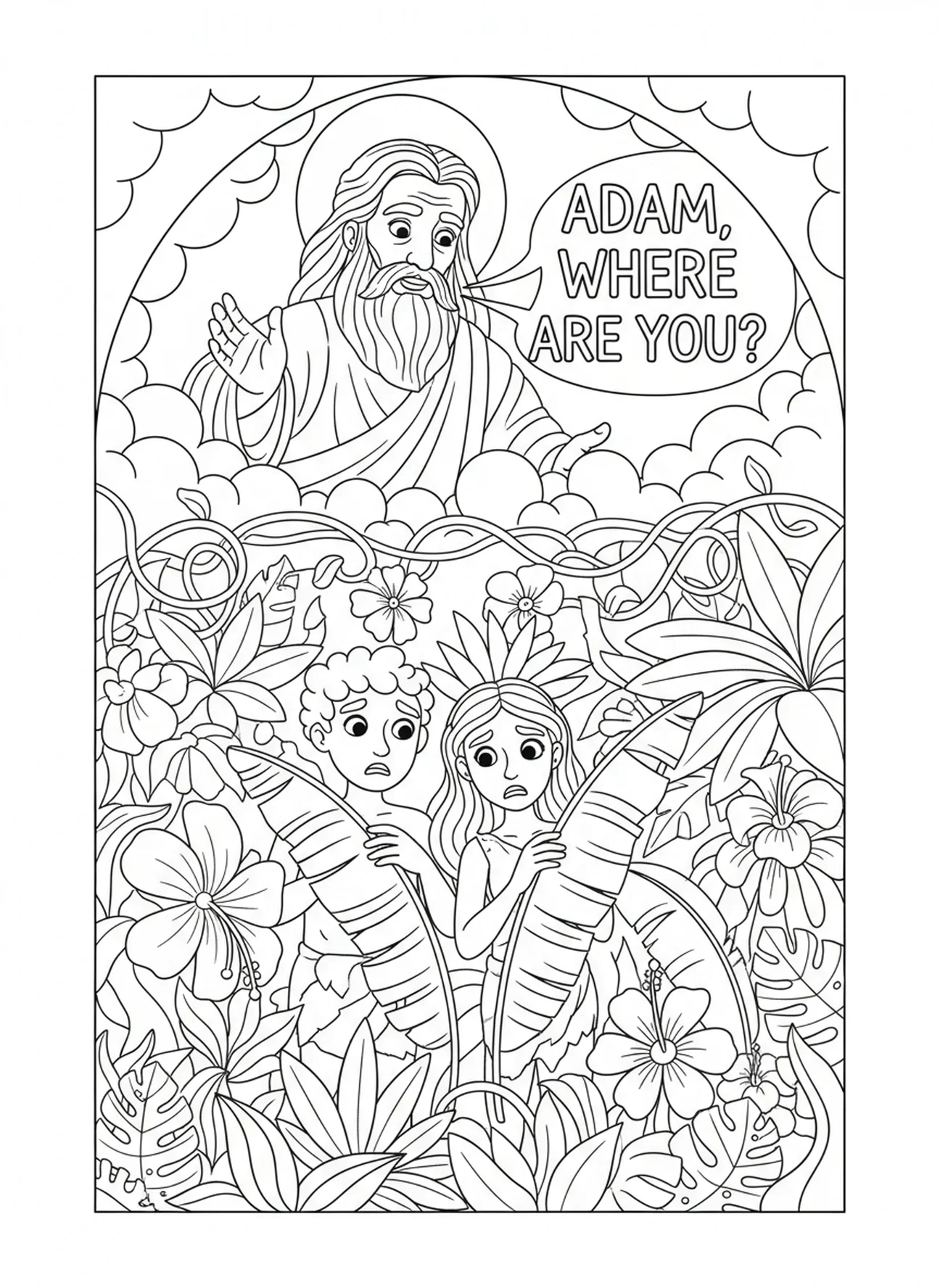 Dieu appelle Adam, page à colorier sur l'expulsion d'Adam et Ève du jardin pour les enfants de 5 à 10 ans.