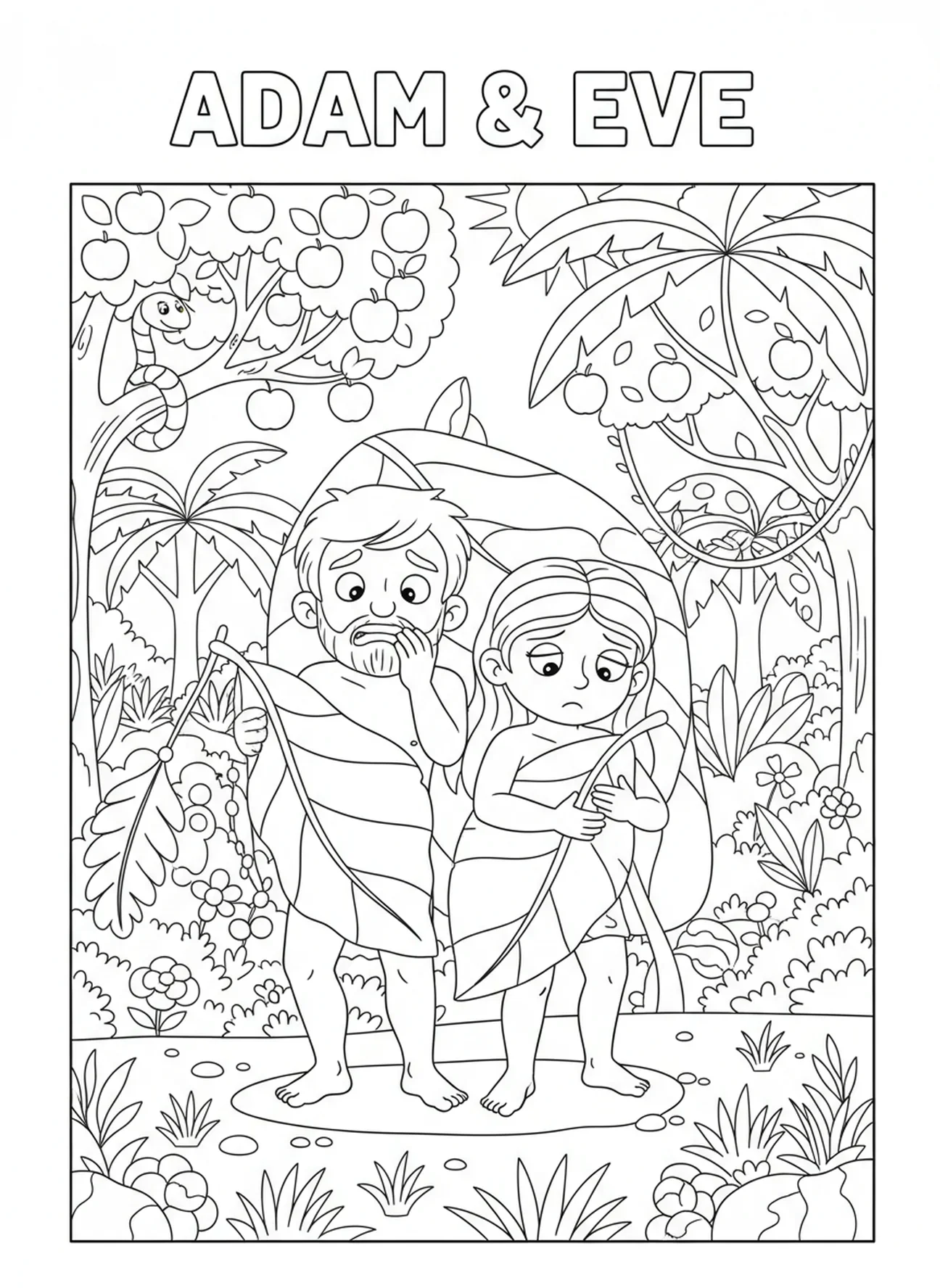 Adam et Ève se cachant, page à colorier sur l'expulsion d'Adam et Ève du jardin pour les enfants de 5 à 10 ans.