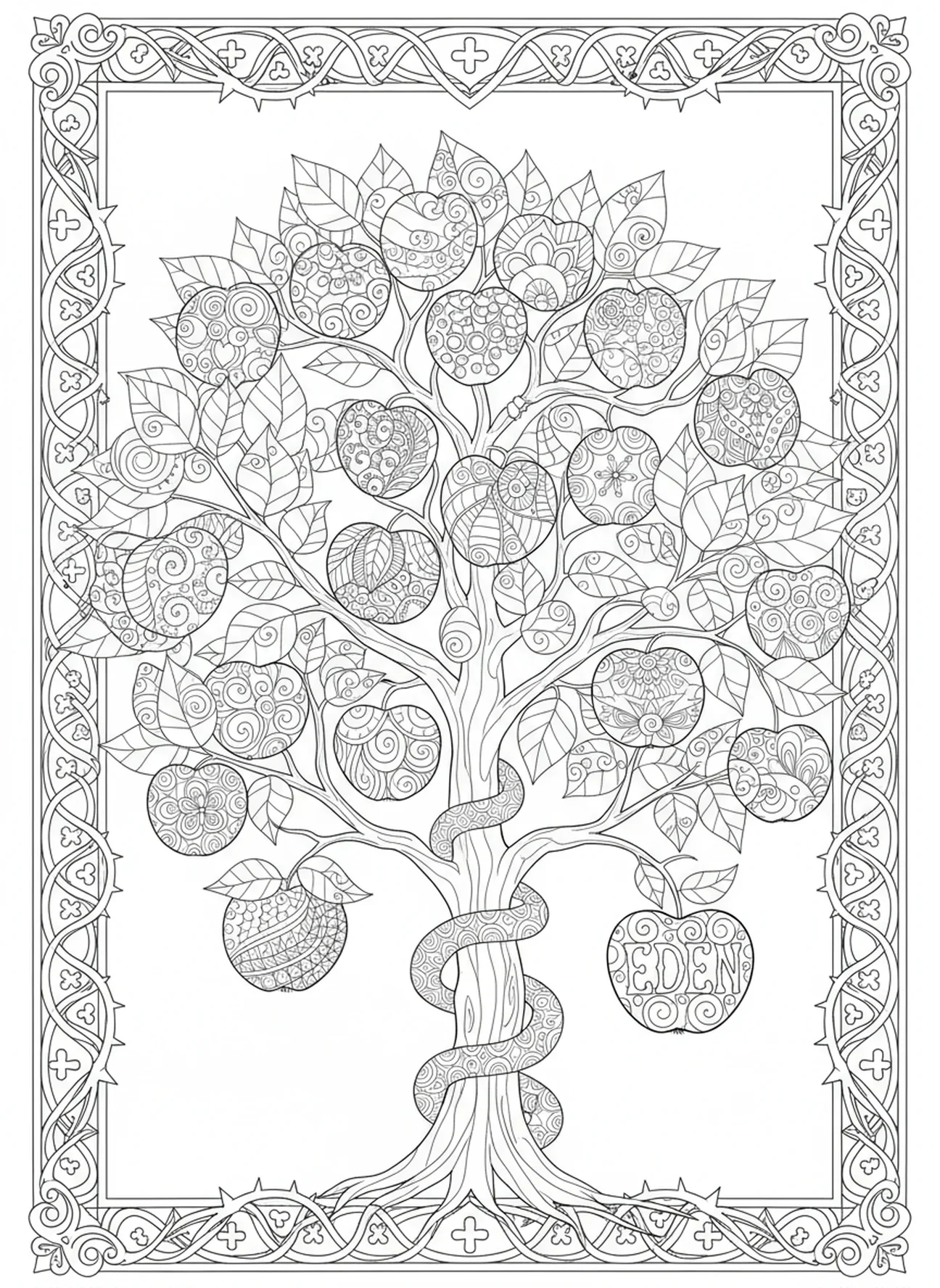 Primer plano del árbol del fruto prohibido, página para colorear de Adán y Eva en estilo de journaling bíblico para adultos