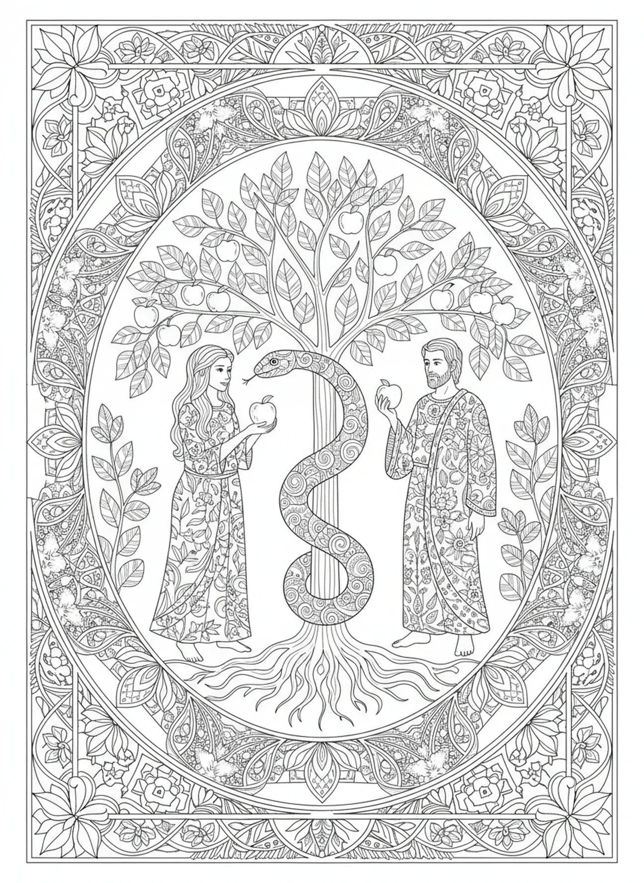 La serpiente enroscada alrededor del árbol, página para colorear de Adán y Eva con el fruto prohibido, estilo de journaling bíblico para adultos