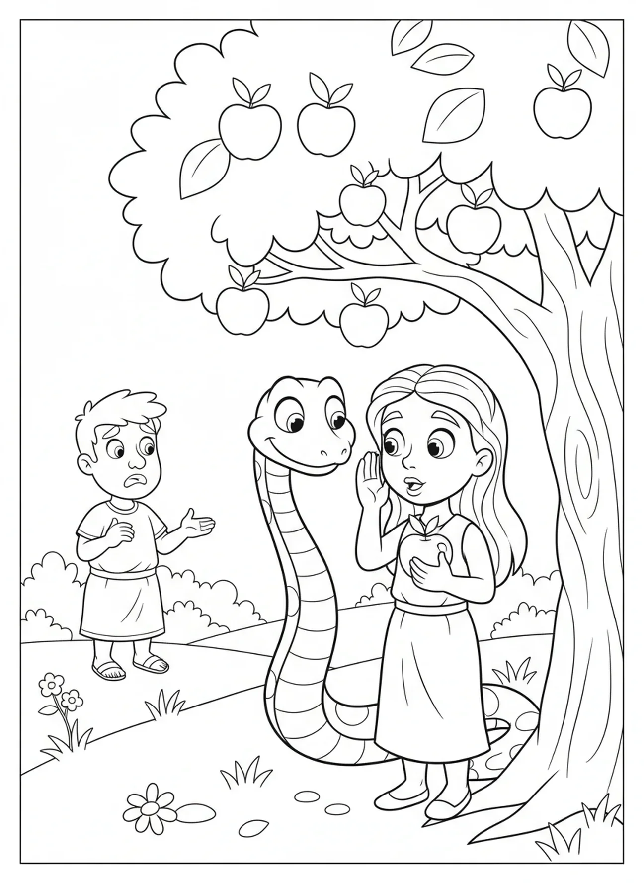 Serpente se enrolando na árvore, página para colorir sobre Adão e Eva e o fruto proibido para crianças de 5 a 10 anos.