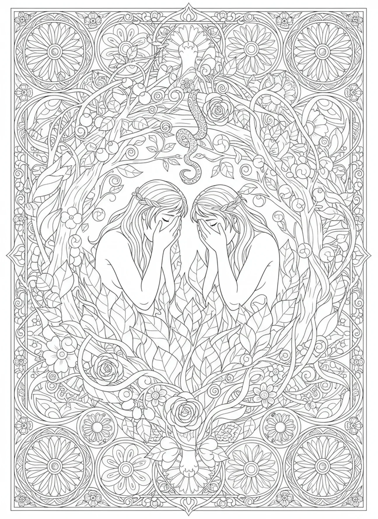 Adam et Ève se cachant dans les arbres, page à colorier Adam et Ève du Jardin d'Éden pour adultes dans un style de journal biblique.