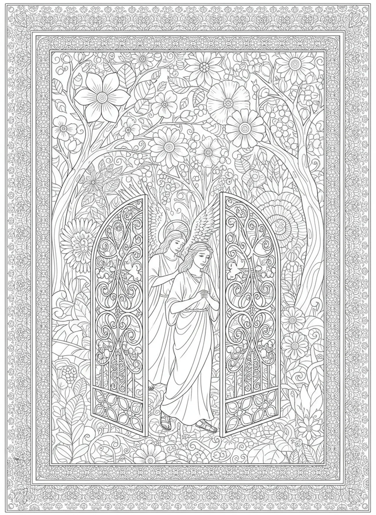 Adam et Ève chassés du jardin, page à colorier Adam et Ève dans le jardin d'Éden pour adultes dans un style de journal biblique.