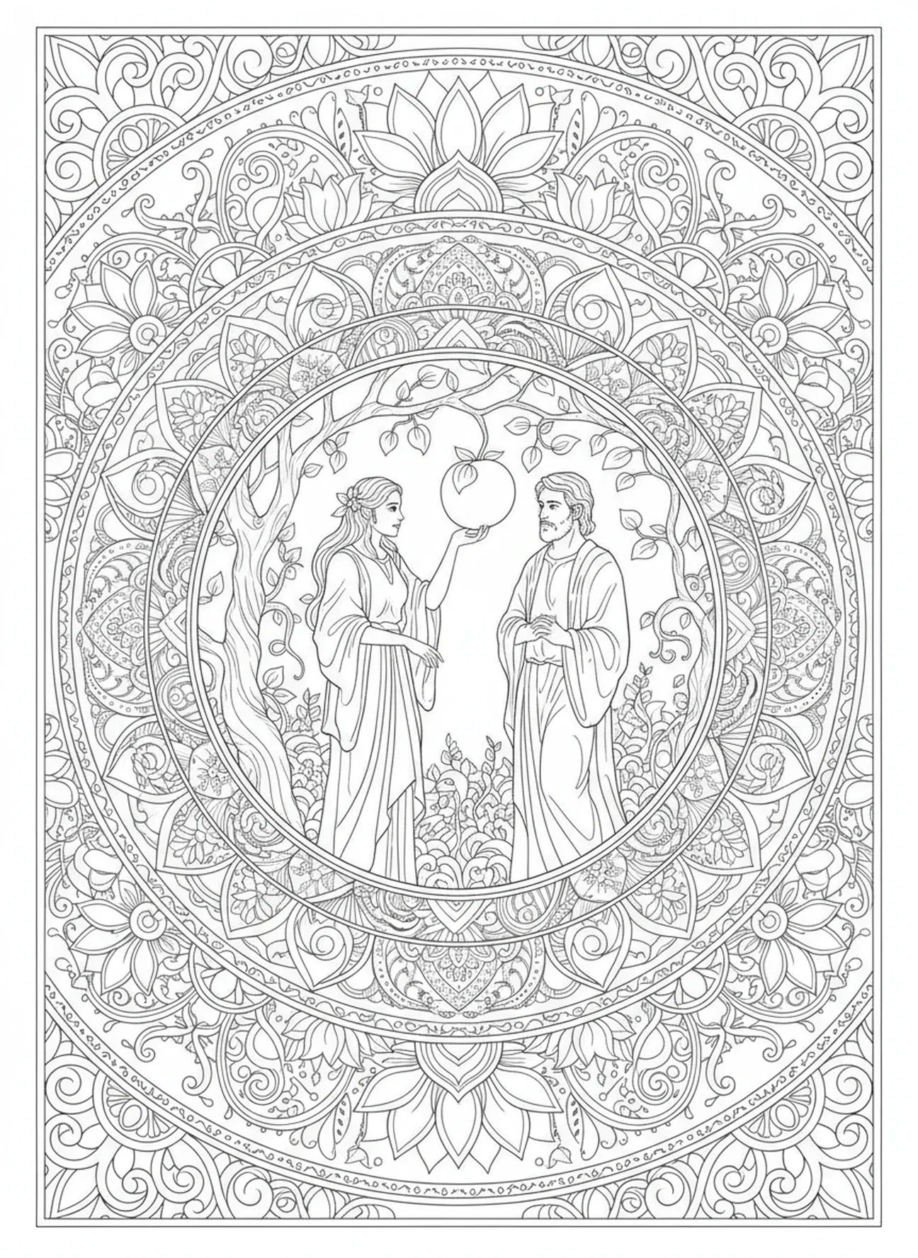 Ève tendant la main vers le fruit, page à colorier Adam et Ève dans le Jardin d'Éden pour adultes dans le style du journal biblique.