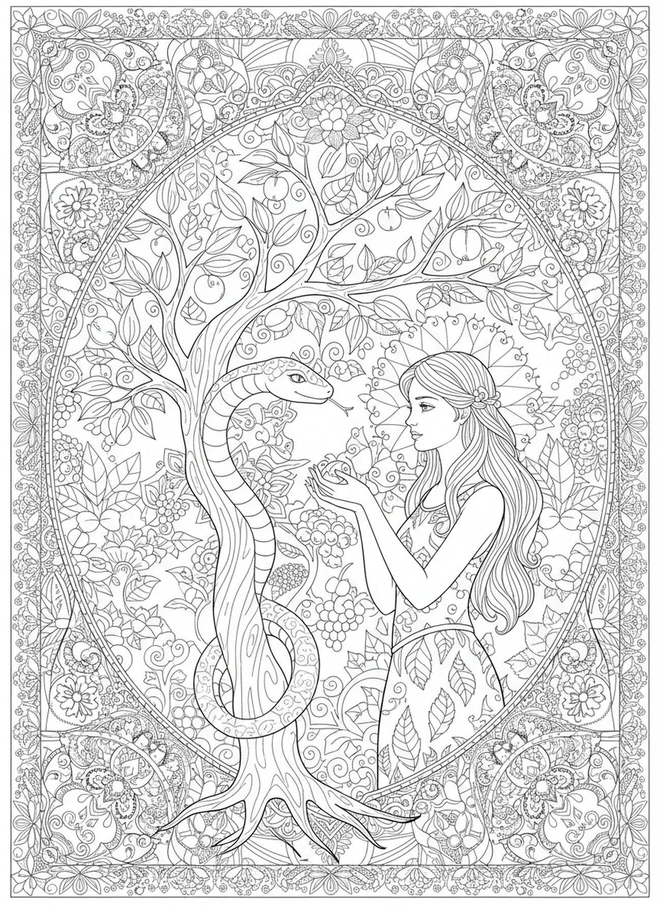 Serpent tentant Ève près de l'arbre, page à colorier Adam et Ève dans le jardin d'Éden pour adultes, style journal biblique.