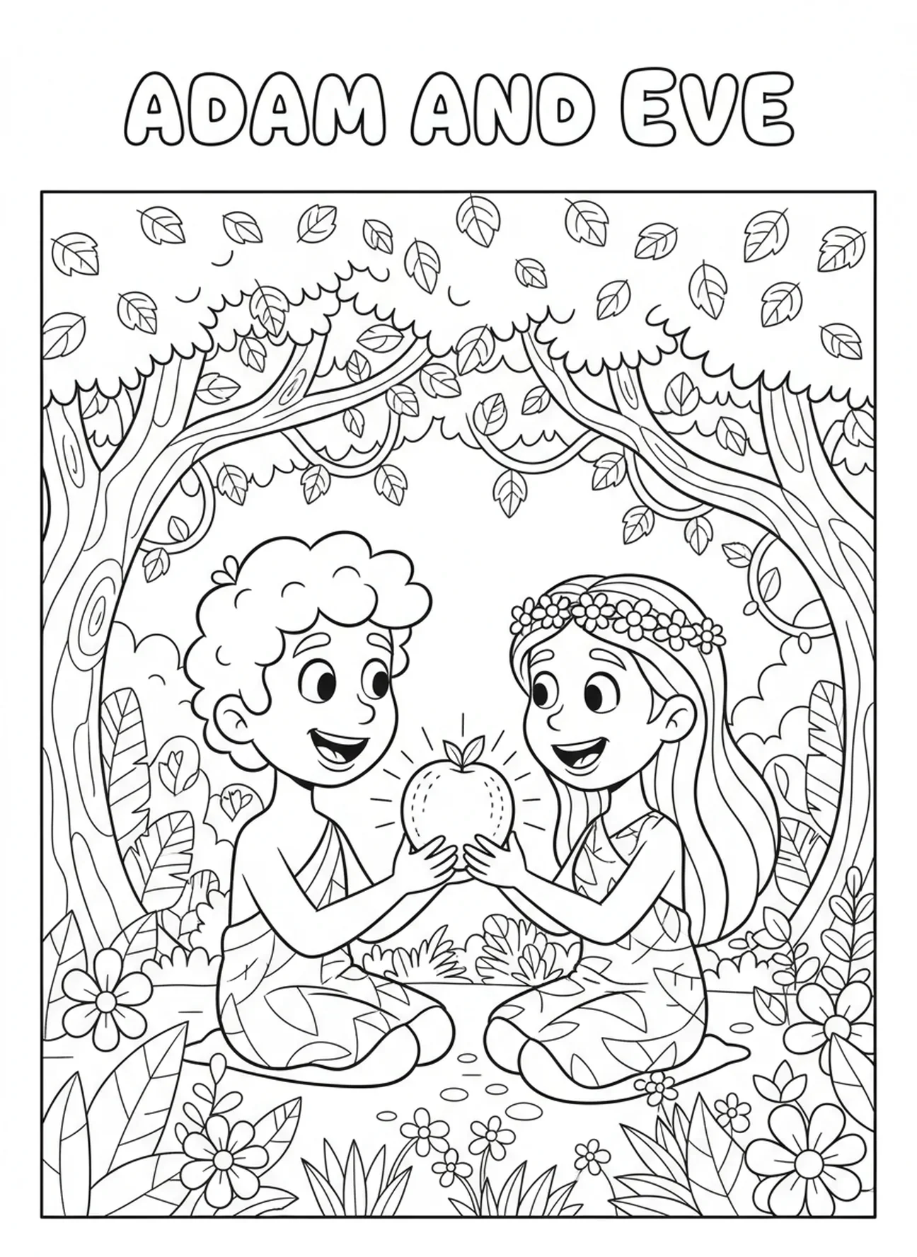 Adam et Ève partageant des fruits, page à colorier sur Adam et Ève dans le jardin d'Éden pour les enfants de 5 à 10 ans.