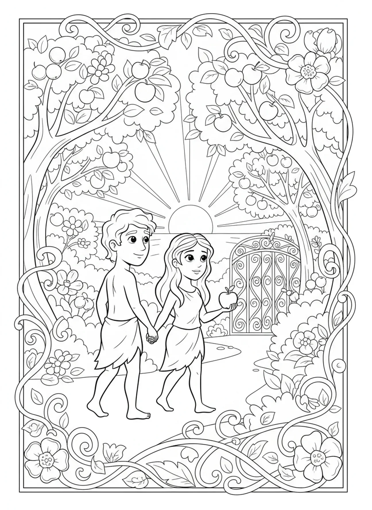 Adam et Ève marchant main dans la main, page à colorier sur Adam et Ève dans le Jardin d'Éden pour les enfants de 5 à 10 ans.