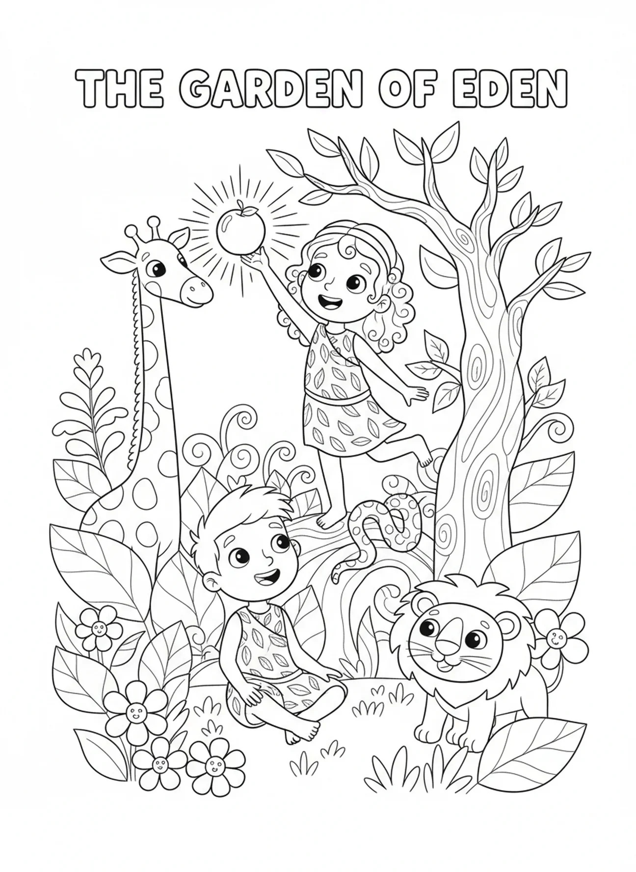 Ève cueillant un fruit d'un arbre, page à colorier Adam et Ève dans le Jardin d'Éden pour les enfants de 5 à 10 ans.