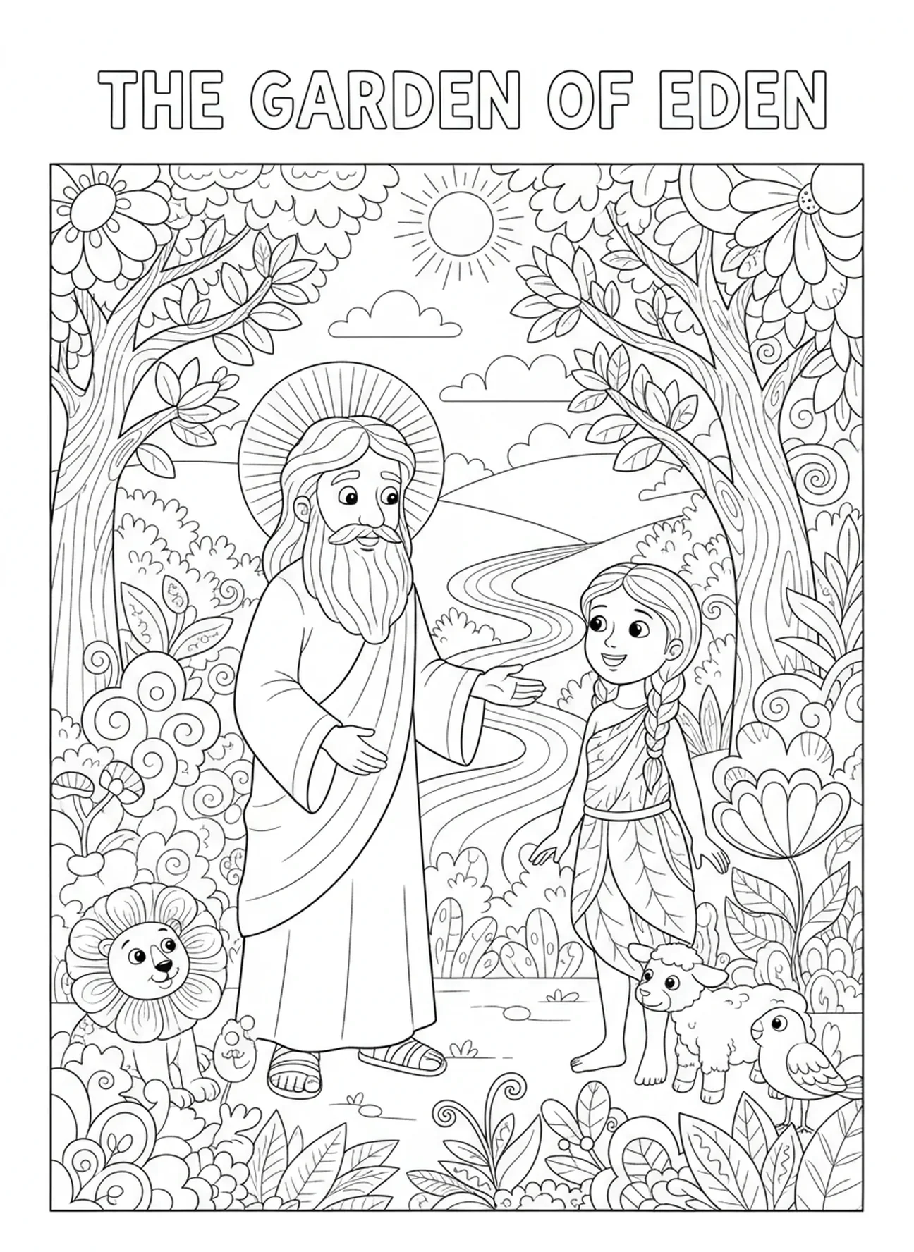 Figure amicale de Dieu parlant à Adam et Ève, page à colorier Adam et Ève dans le jardin d'Éden pour les enfants de 5 à 10 ans.