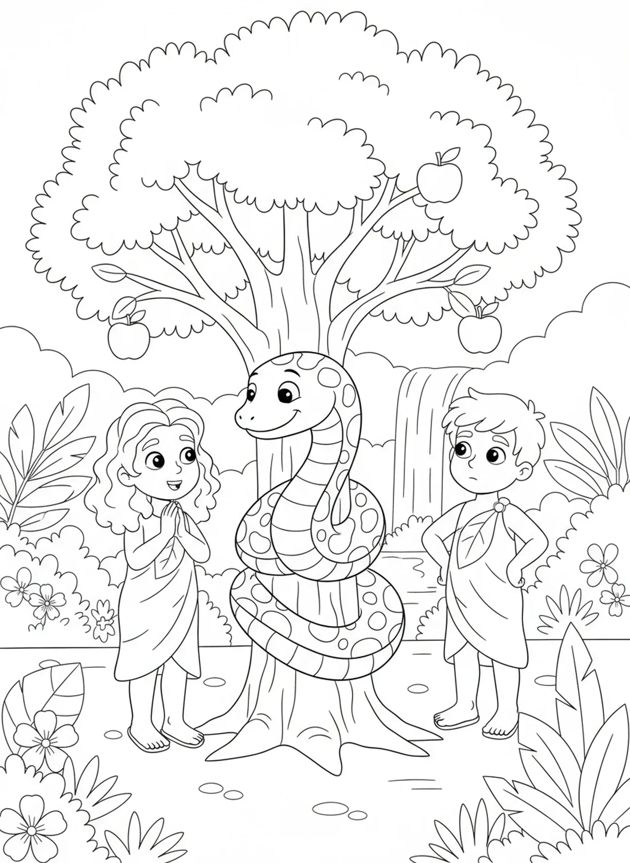 Serpent de dessin animé dans un arbre, page à colorier Adam et Ève dans le Jardin d'Éden pour les enfants de 5 à 10 ans.