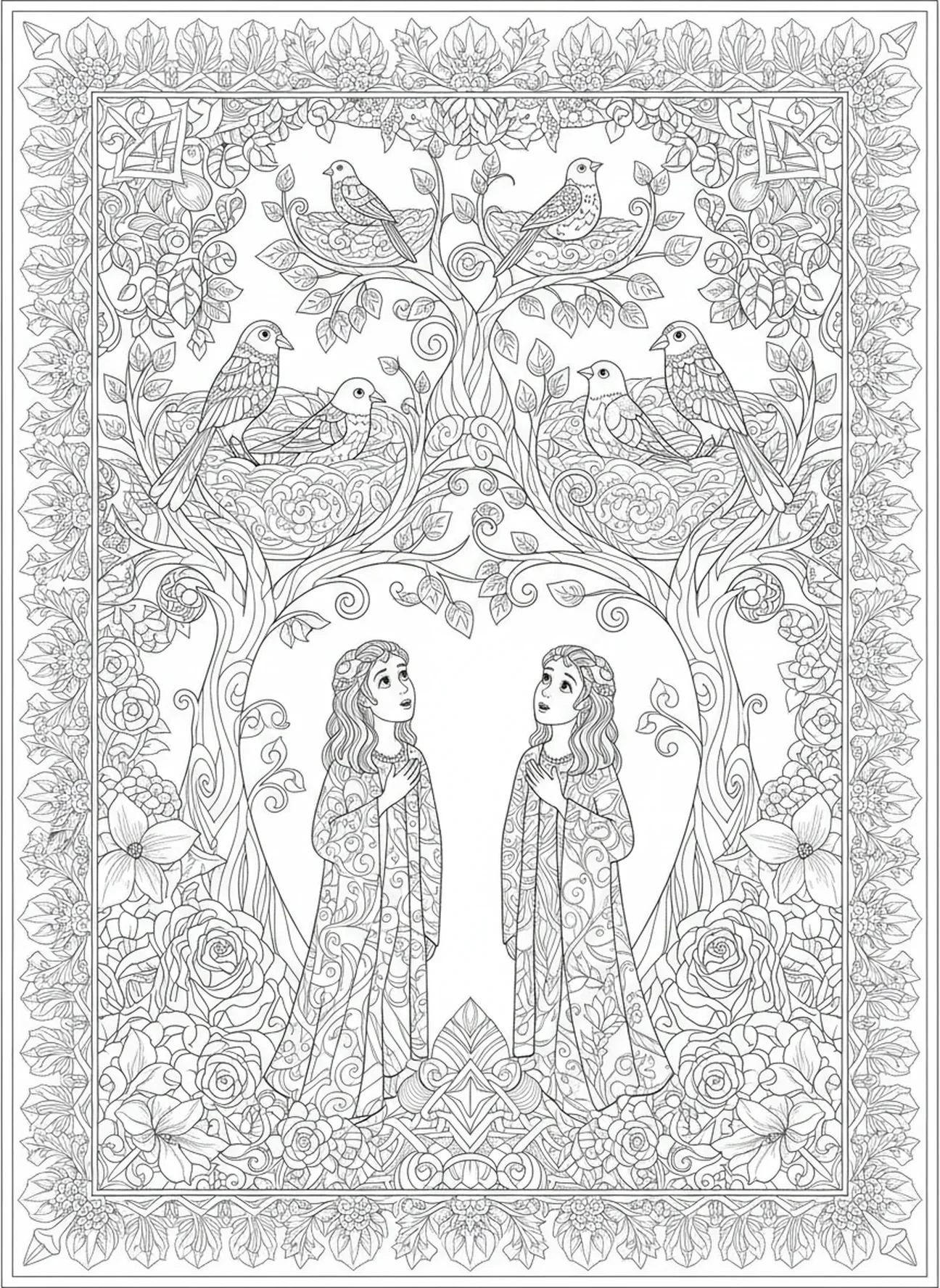 Aves coloridas anidando en árboles, página para colorear de Adán y Eva nombrando a los animales en estilo de journaling bíblico para adultos.