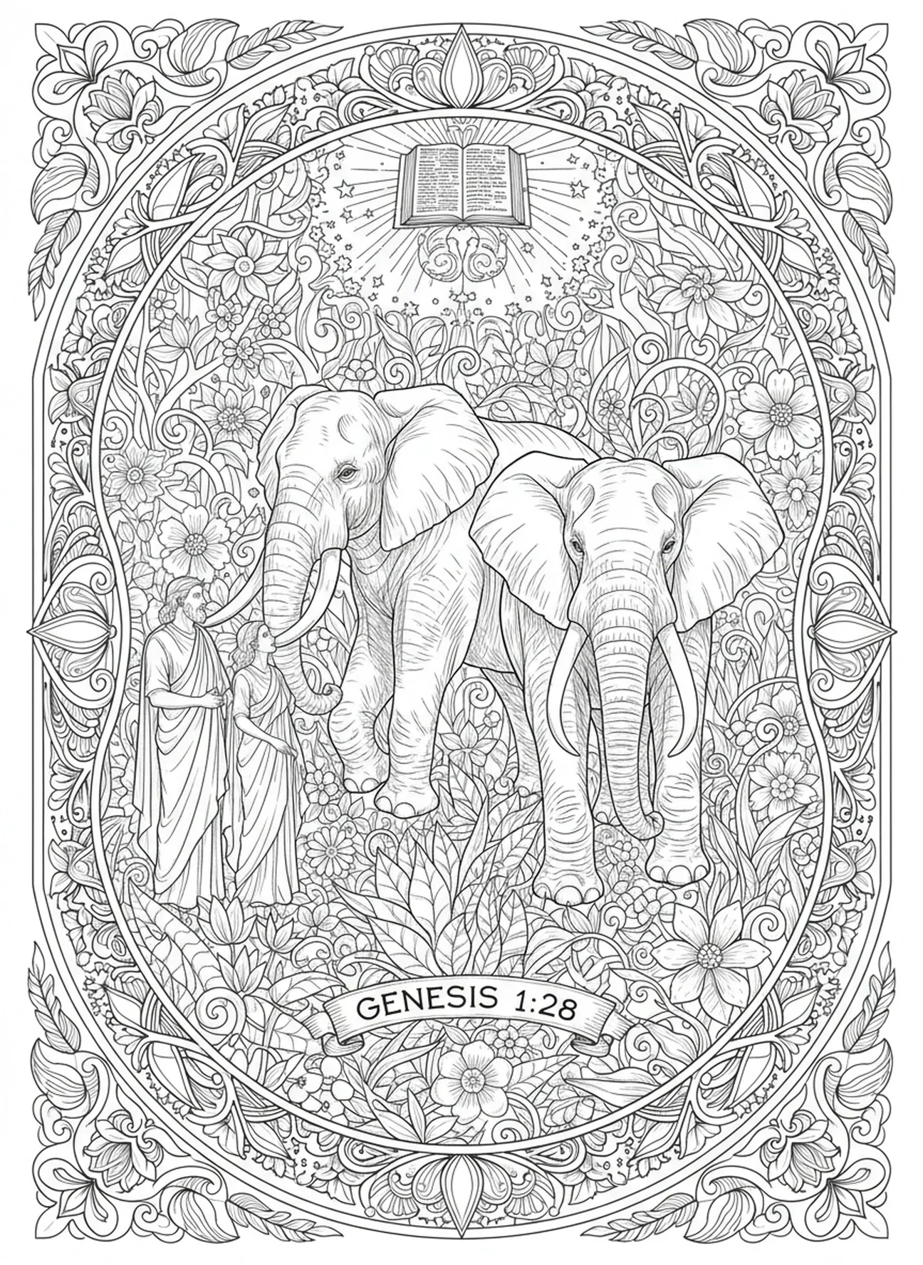 Elefantes majestuosos en un jardín, página para colorear de Adán y Eva nombrando a los animales en estilo de journaling bíblico para adultos.